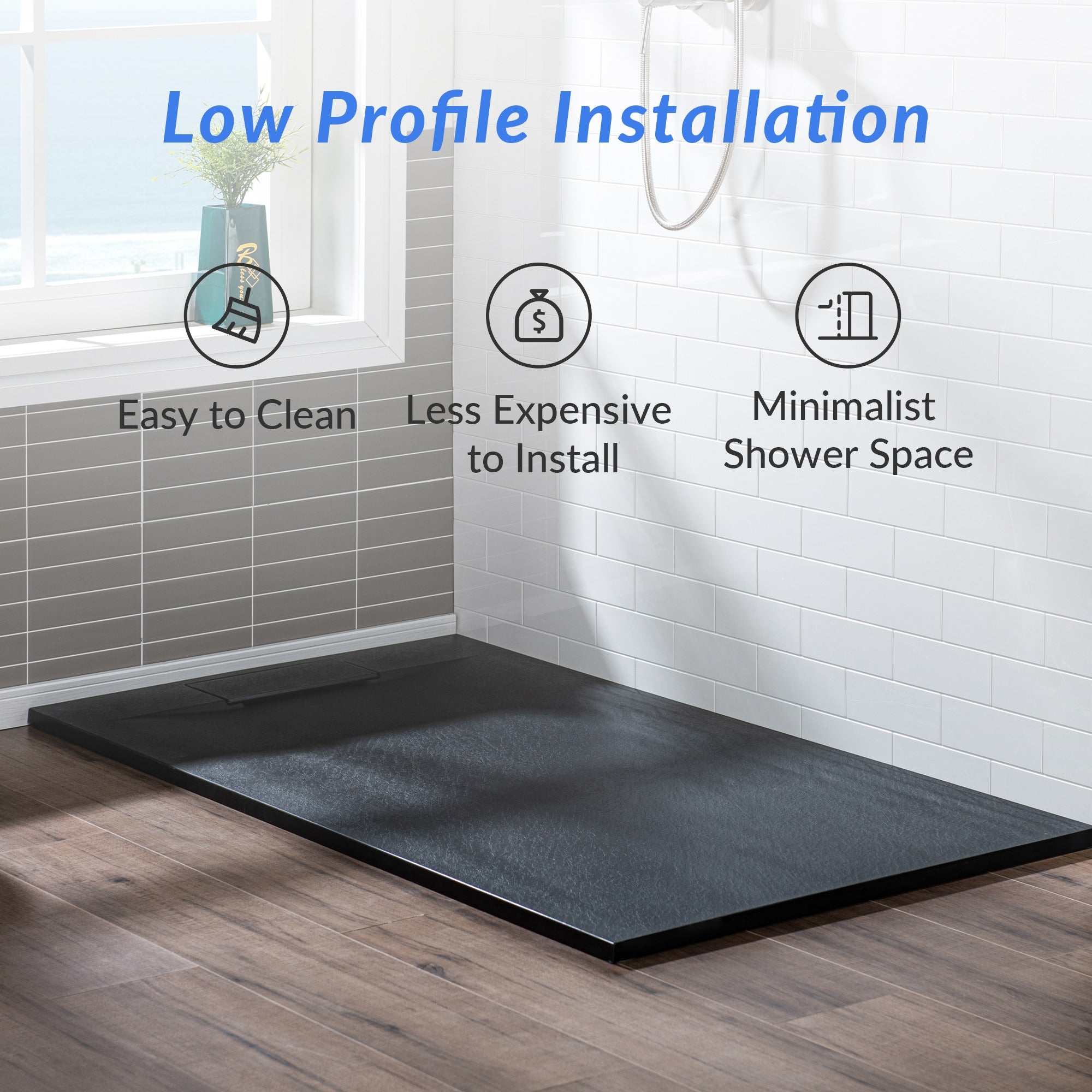 WOODBRIDGE 60 in L x 35.4 in W Zero Threshold End Drain Shower Base with Reversible Drain Placement, Matching Decorative Drain Plate and Tile Flange