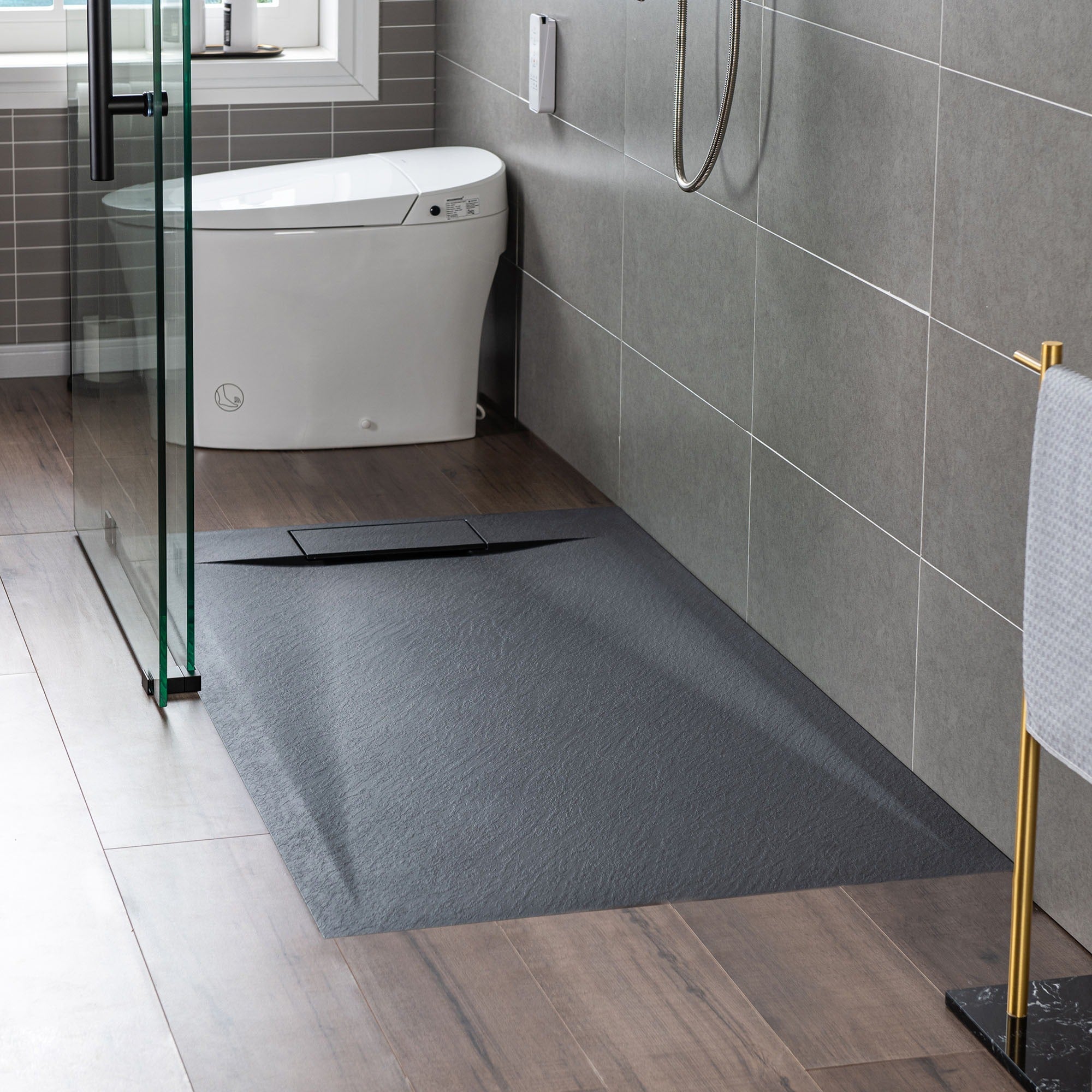 WOODBRIDGE 60 in L x 35.4 in W Zero Threshold End Drain Shower Base with Reversible Drain Placement, Matching Decorative Drain Plate and Tile Flange