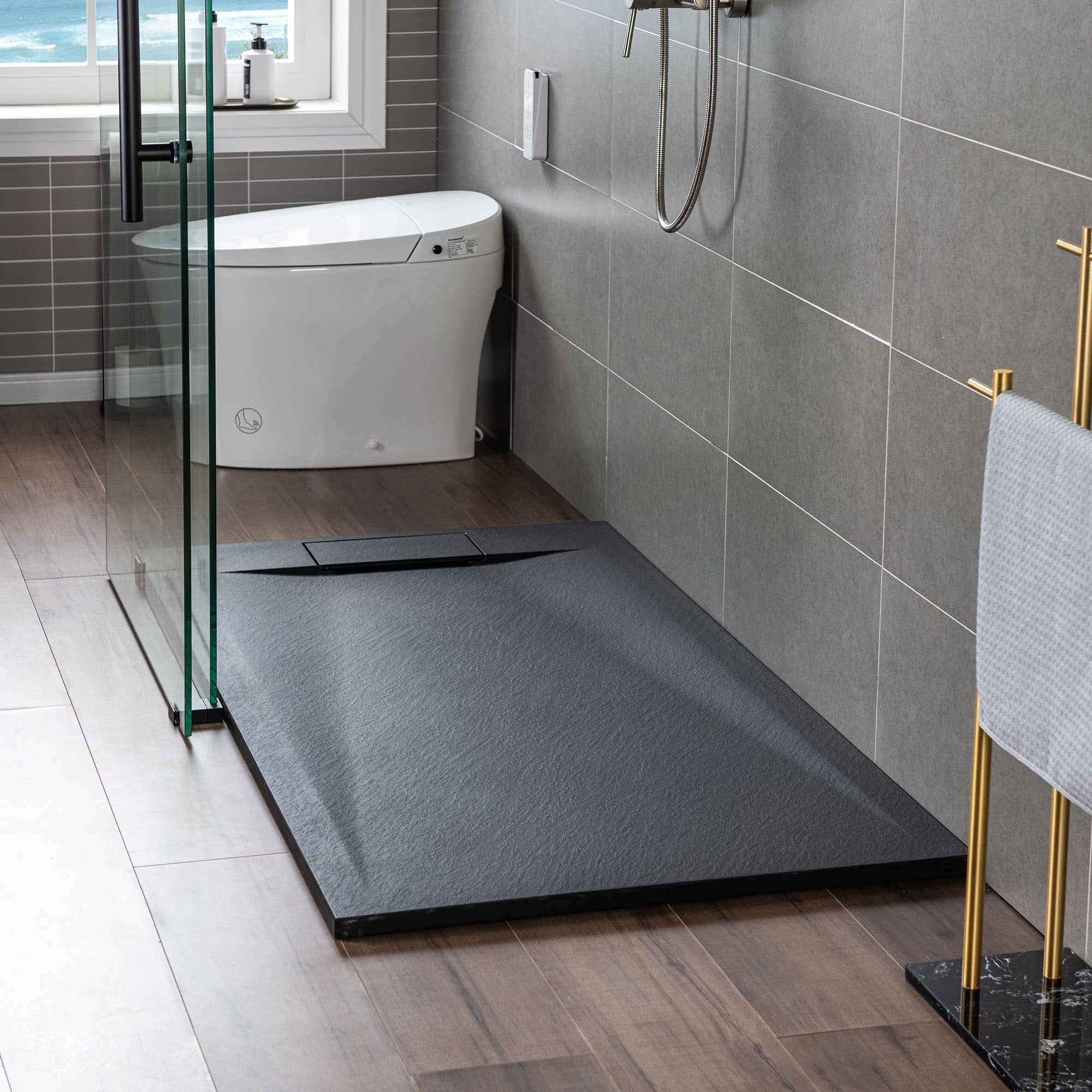 WOODBRIDGE 60 in L x 35.4 in W Zero Threshold End Drain Shower Base with Reversible Drain Placement, Matching Decorative Drain Plate and Tile Flange