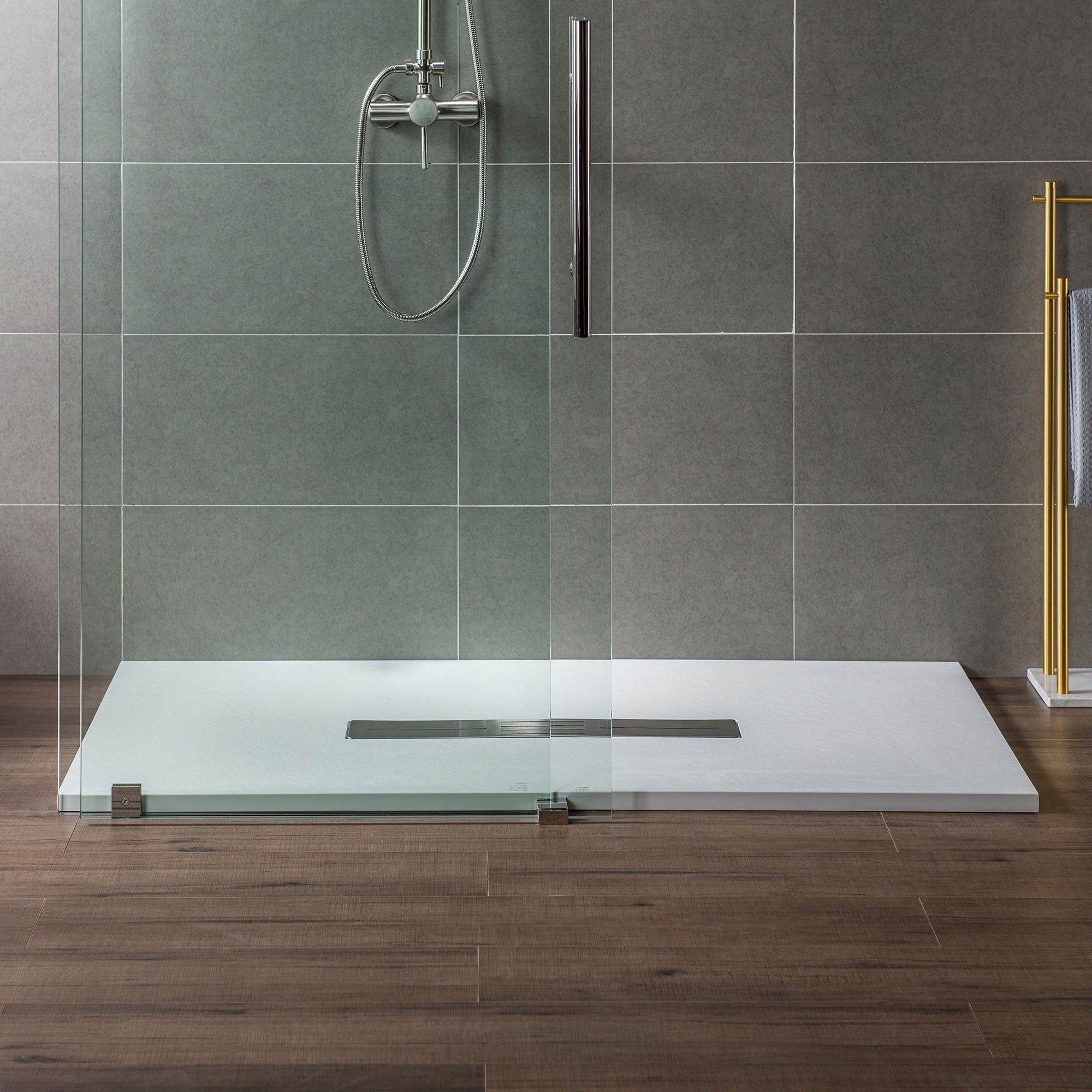WOODBRIDGE 47.5 in L x 35.4 in W Zero Threshold End Drain Shower Base with Center Drain Placement, Matching Decorative Drain Plate and Tile Flange