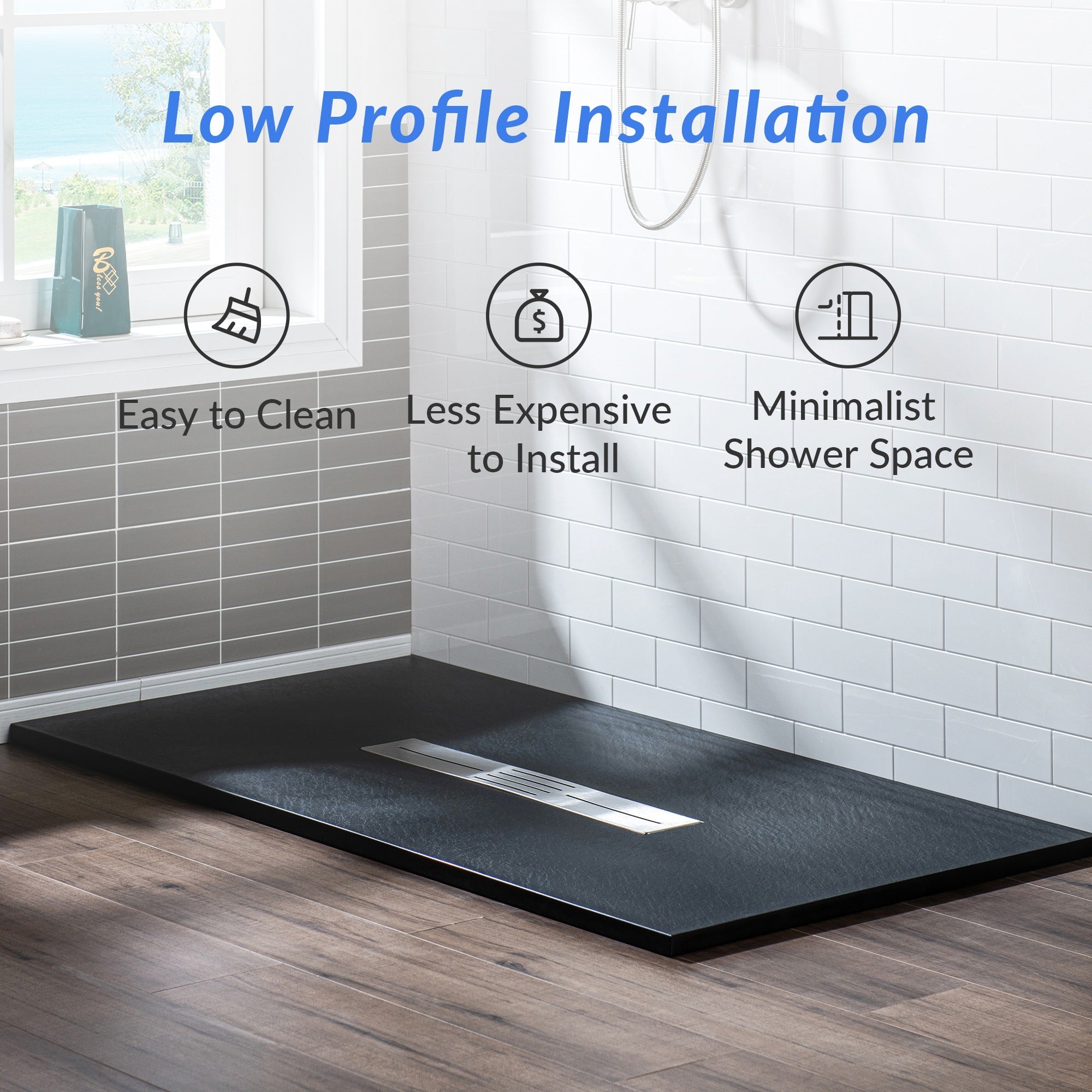 WOODBRIDGE 47.5 in L x 35.4 in W Zero Threshold End Drain Shower Base with Center Drain Placement, Matching Decorative Drain Plate and Tile Flange