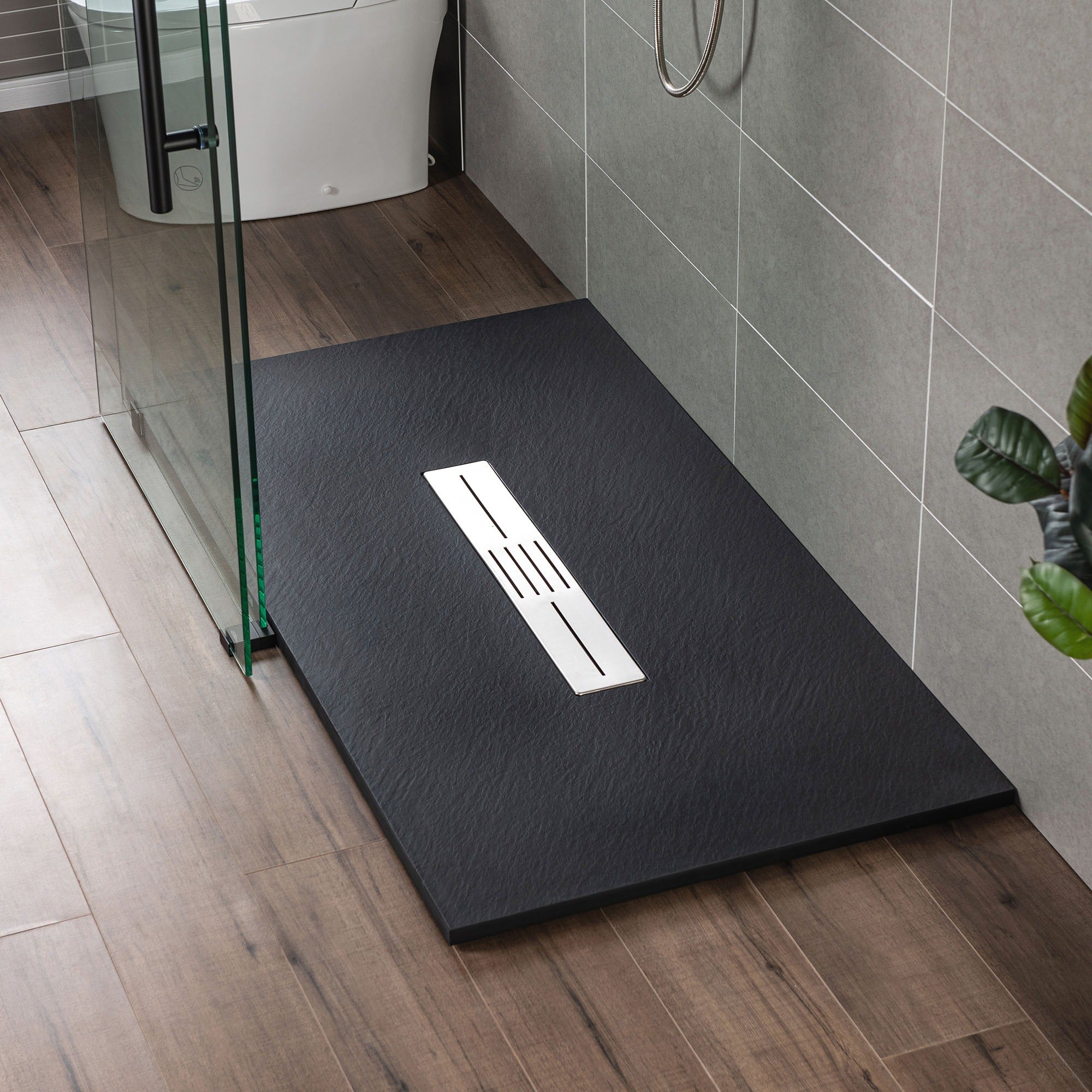 WOODBRIDGE 47.5 in L x 35.4 in W Zero Threshold End Drain Shower Base with Center Drain Placement, Matching Decorative Drain Plate and Tile Flange
