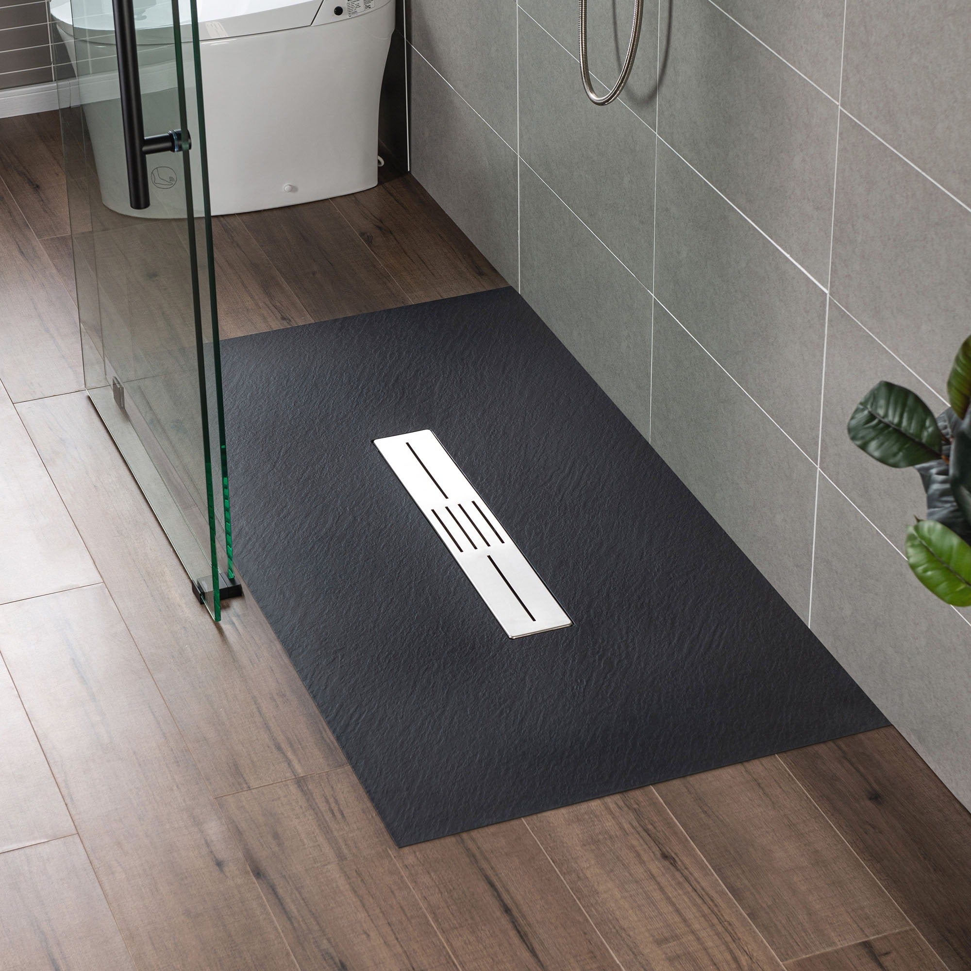 WOODBRIDGE 47.5 in L x 35.4 in W Zero Threshold End Drain Shower Base with Center Drain Placement, Matching Decorative Drain Plate and Tile Flange