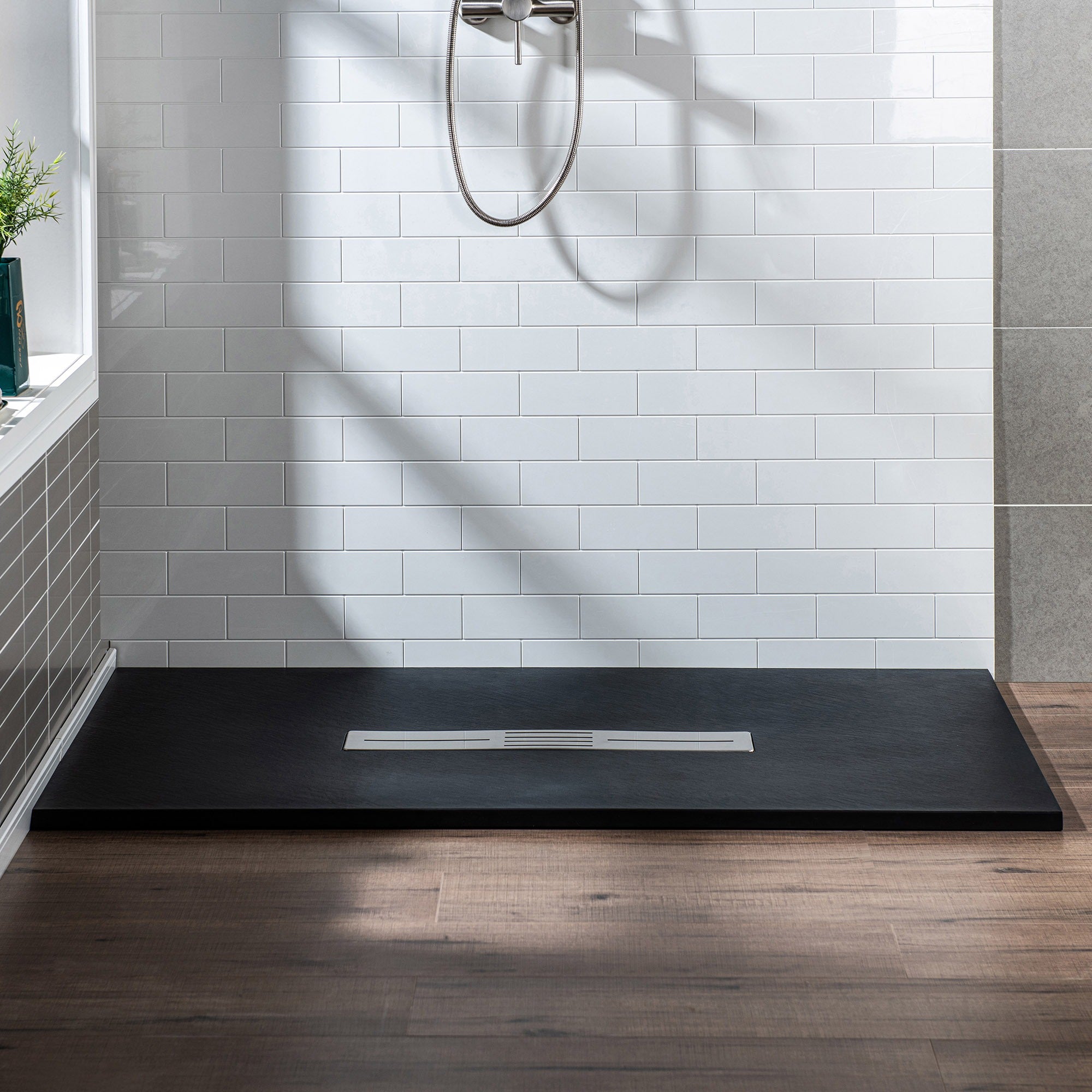 WOODBRIDGE 47.5 in L x 35.4 in W Zero Threshold End Drain Shower Base with Center Drain Placement, Matching Decorative Drain Plate and Tile Flange