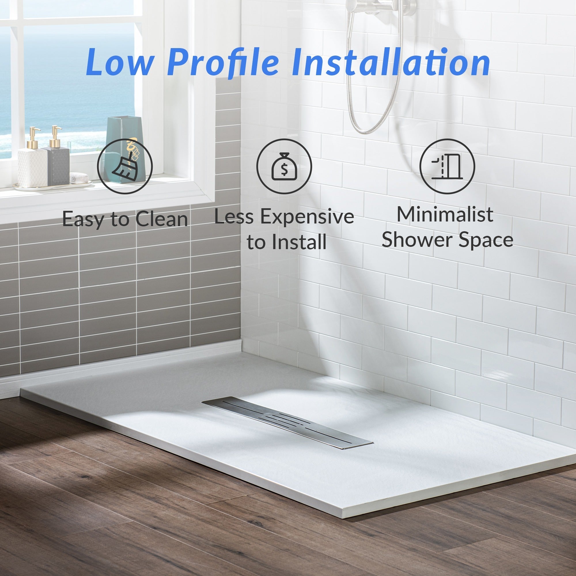 WOODBRIDGE 59 in L x 35.4 in W Zero Threshold End Drain Shower Base with Center Drain Placement, Matching Decorative Drain Plate and Tile Flange