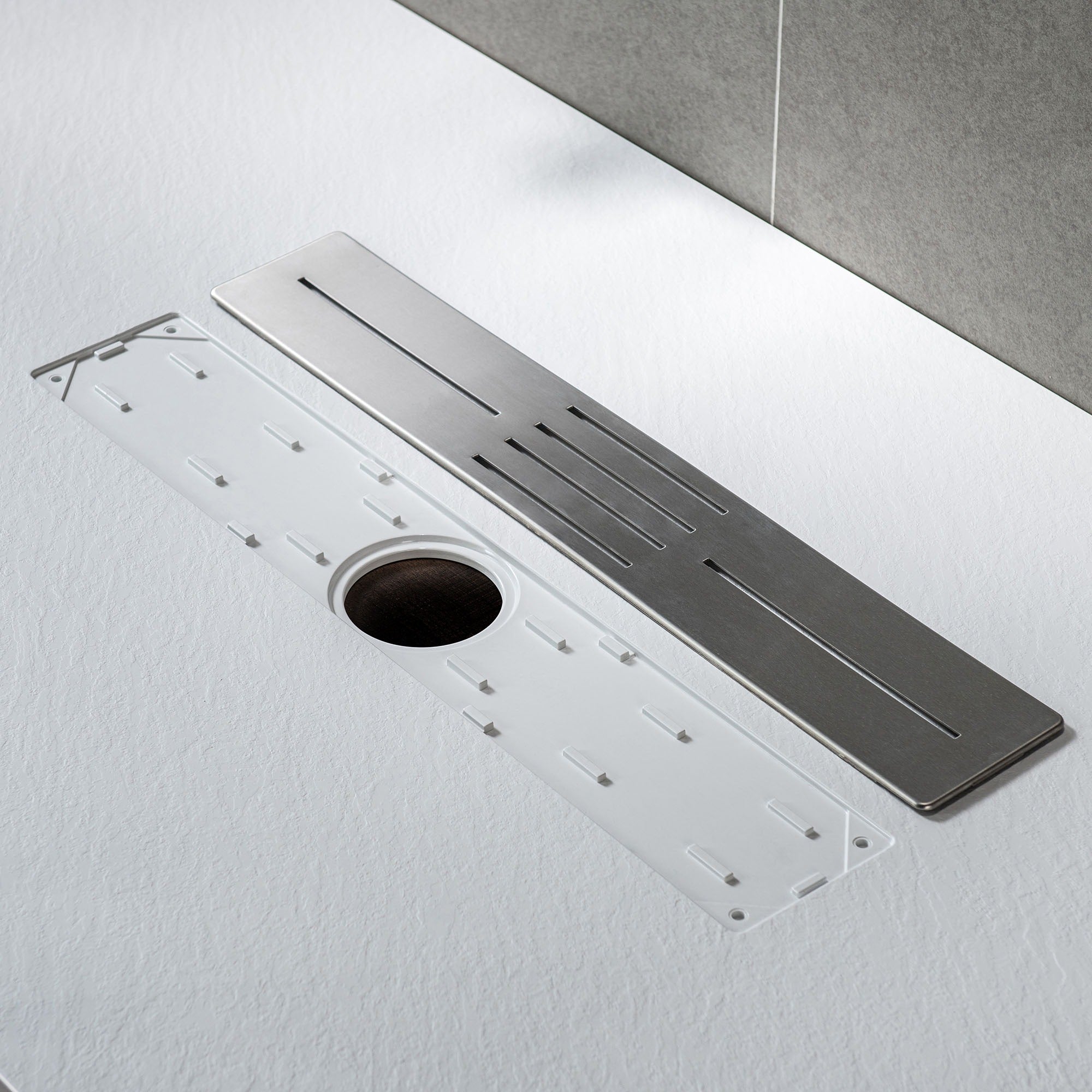 WOODBRIDGE 59 in L x 35.4 in W Zero Threshold End Drain Shower Base with Center Drain Placement, Matching Decorative Drain Plate and Tile Flange