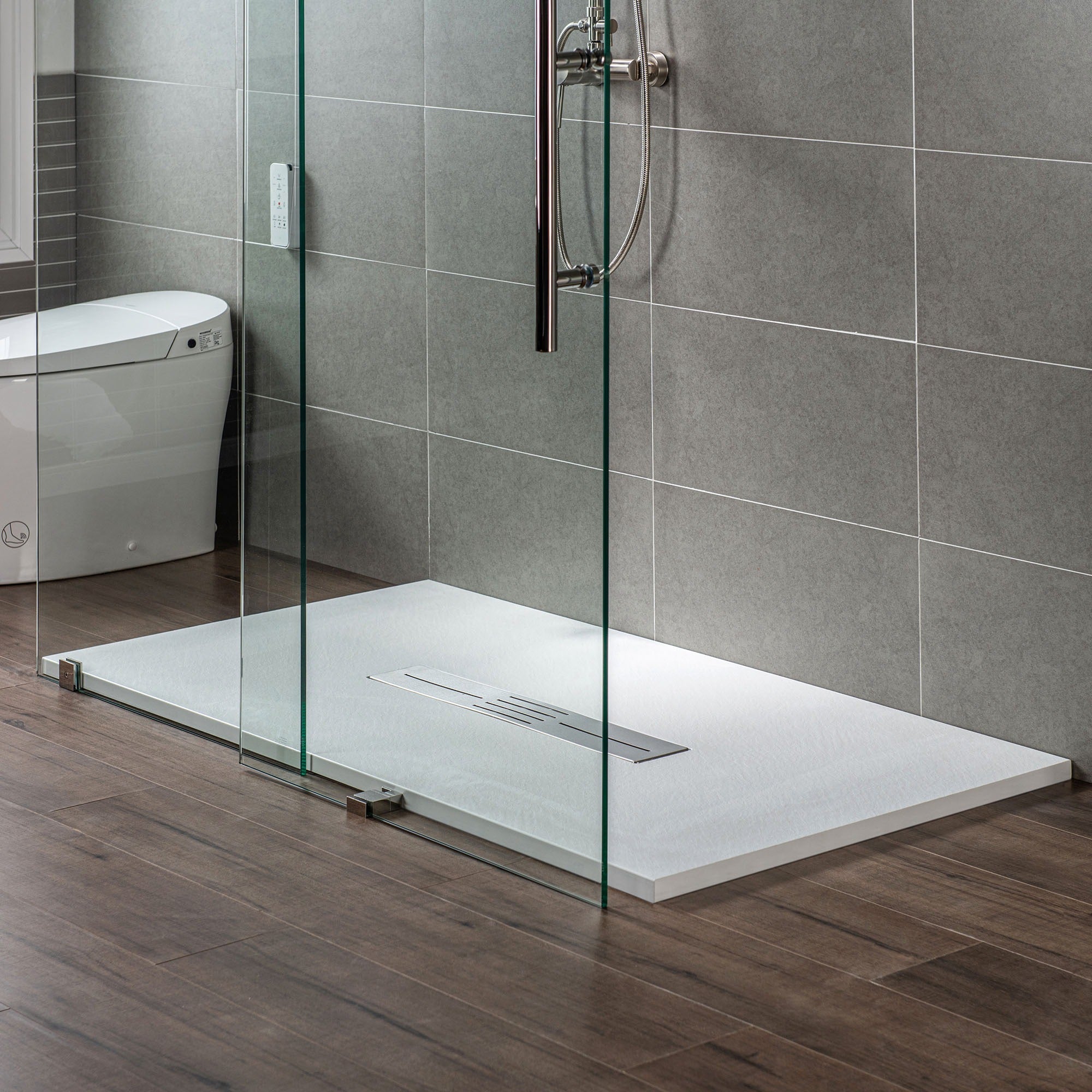 WOODBRIDGE 59 in L x 35.4 in W Zero Threshold End Drain Shower Base with Center Drain Placement, Matching Decorative Drain Plate and Tile Flange