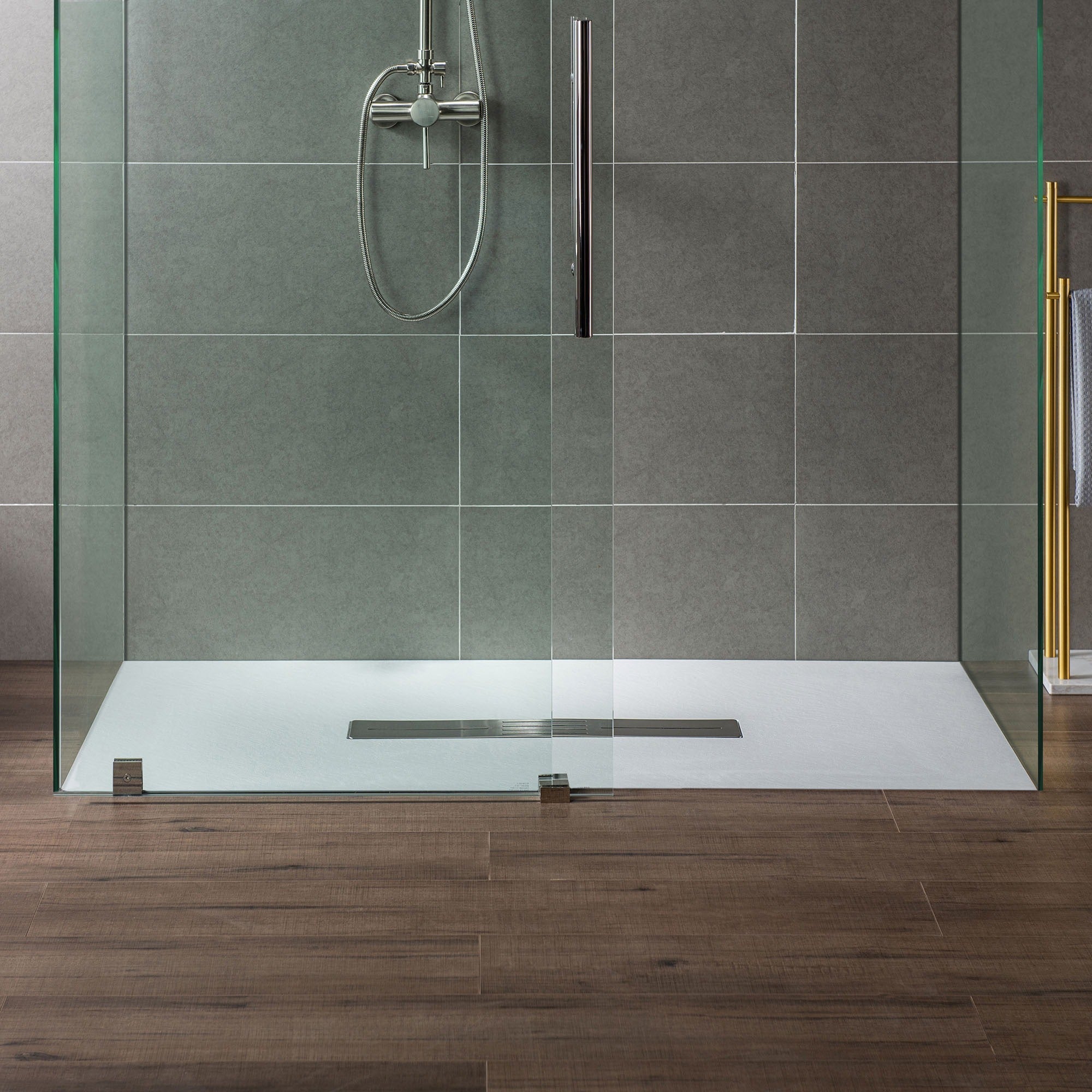 WOODBRIDGE 59 in L x 35.4 in W Zero Threshold End Drain Shower Base with Center Drain Placement, Matching Decorative Drain Plate and Tile Flange