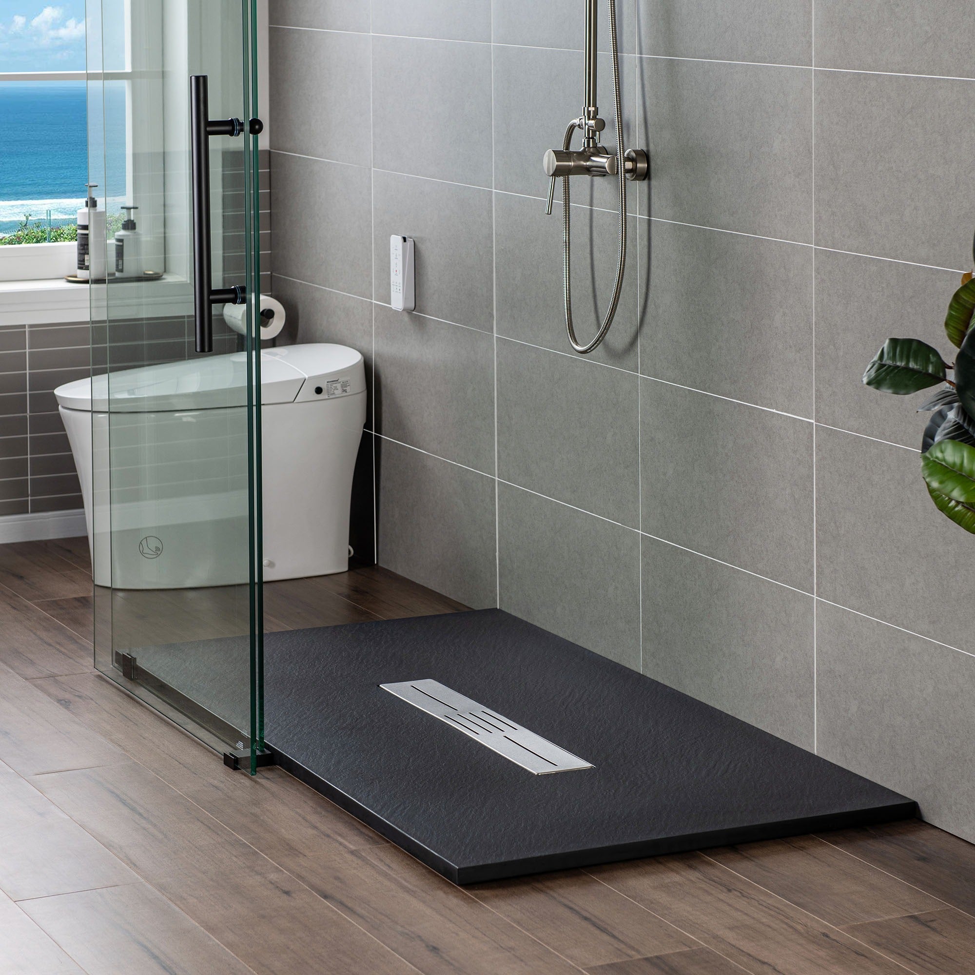 WOODBRIDGE 59 in L x 35.4 in W Zero Threshold End Drain Shower Base with Center Drain Placement, Matching Decorative Drain Plate and Tile Flange