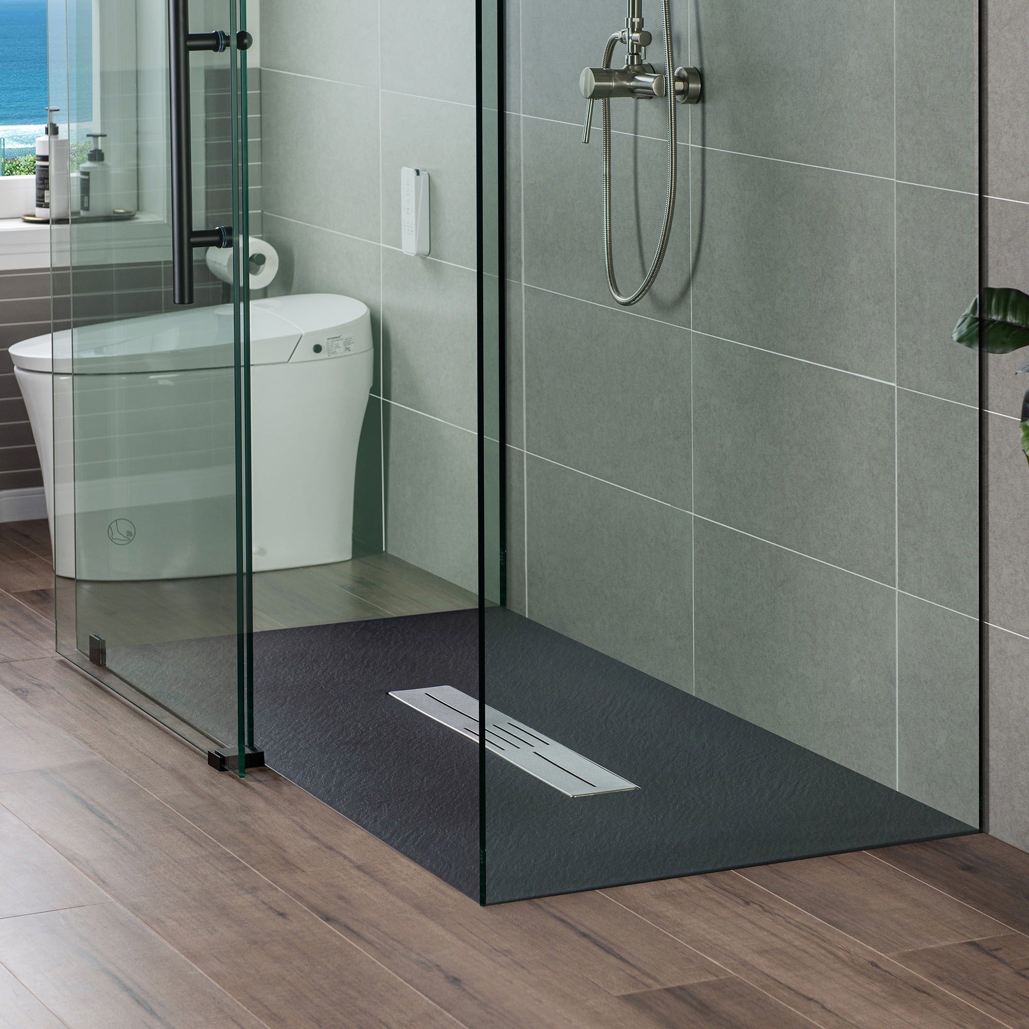 WOODBRIDGE 59 in L x 35.4 in W Zero Threshold End Drain Shower Base with Center Drain Placement, Matching Decorative Drain Plate and Tile Flange
