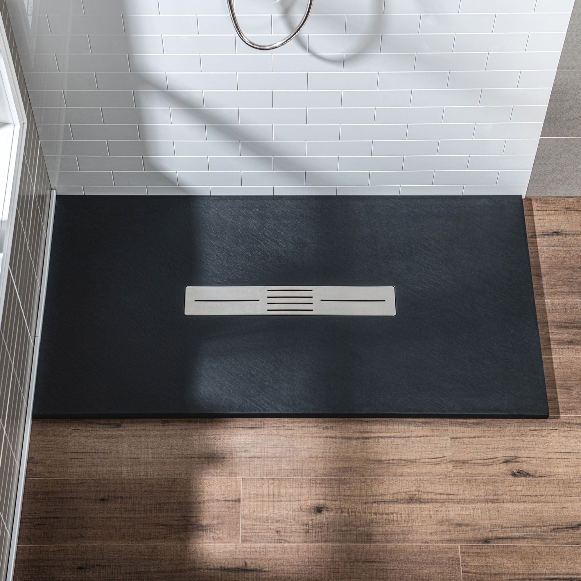 WOODBRIDGE 59 in L x 35.4 in W Zero Threshold End Drain Shower Base with Center Drain Placement, Matching Decorative Drain Plate and Tile Flange