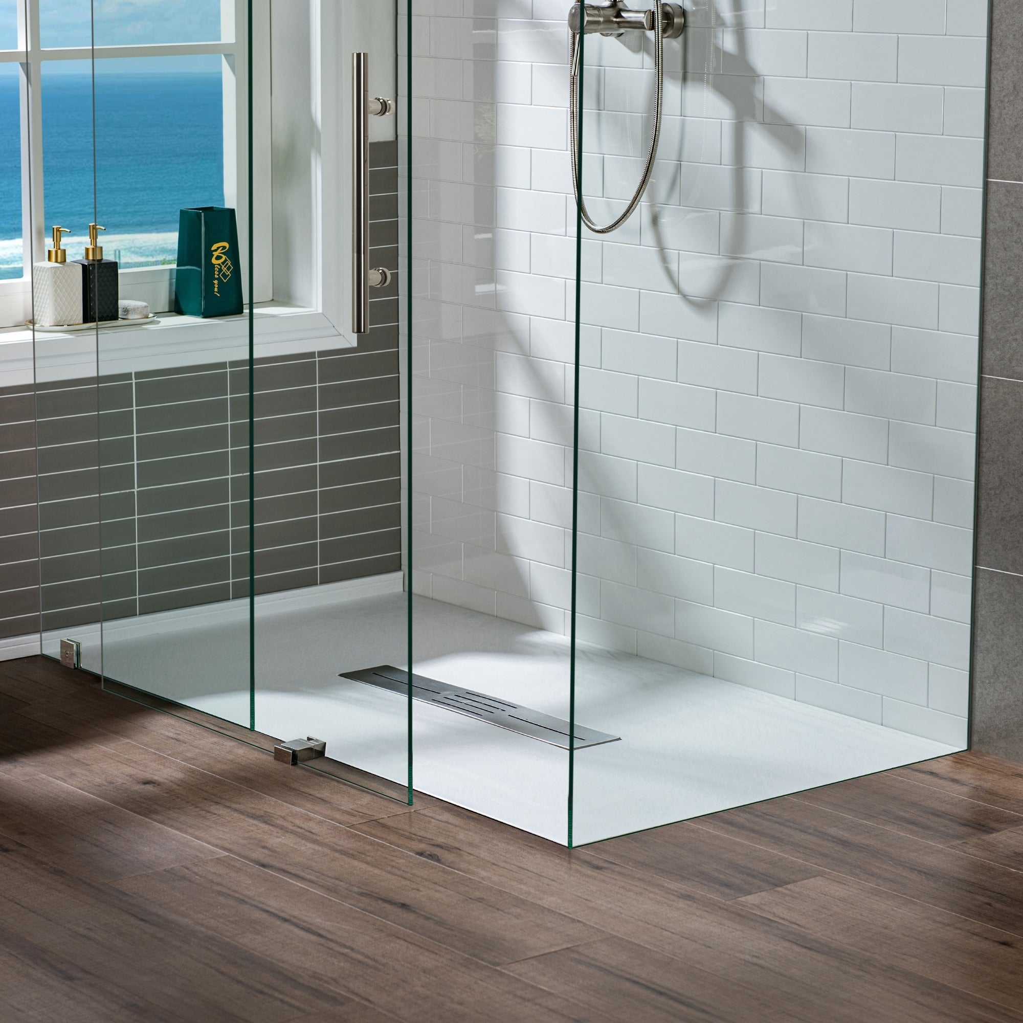 WOODBRIDGE 59 in L x 35.4 in W Zero Threshold End Drain Shower Base with Center Drain Placement, Matching Decorative Drain Plate and Tile Flange