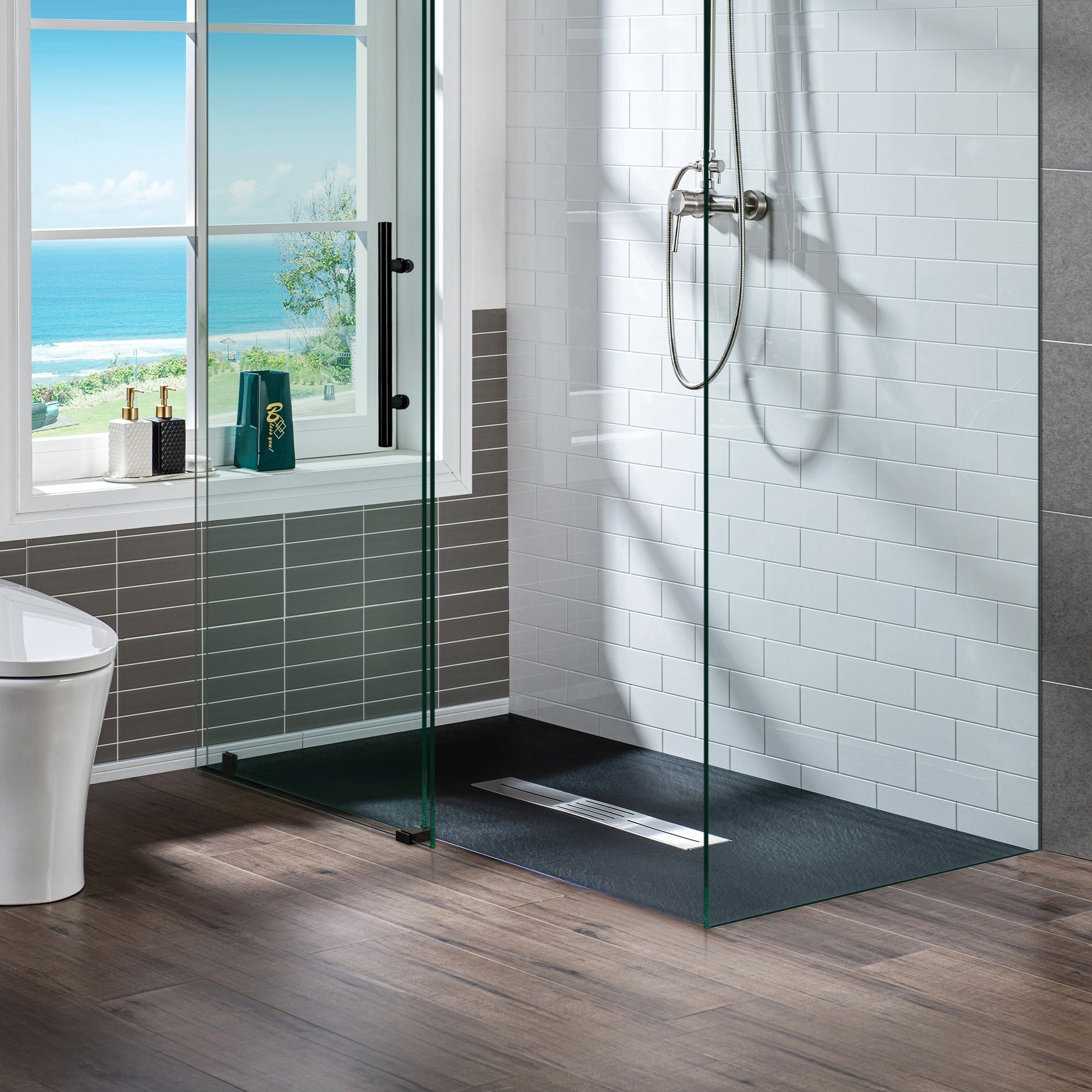 WOODBRIDGE 47.5 in L x 35.4 in W Zero Threshold End Drain Shower Base with Center Drain Placement, Matching Decorative Drain Plate and Tile Flange