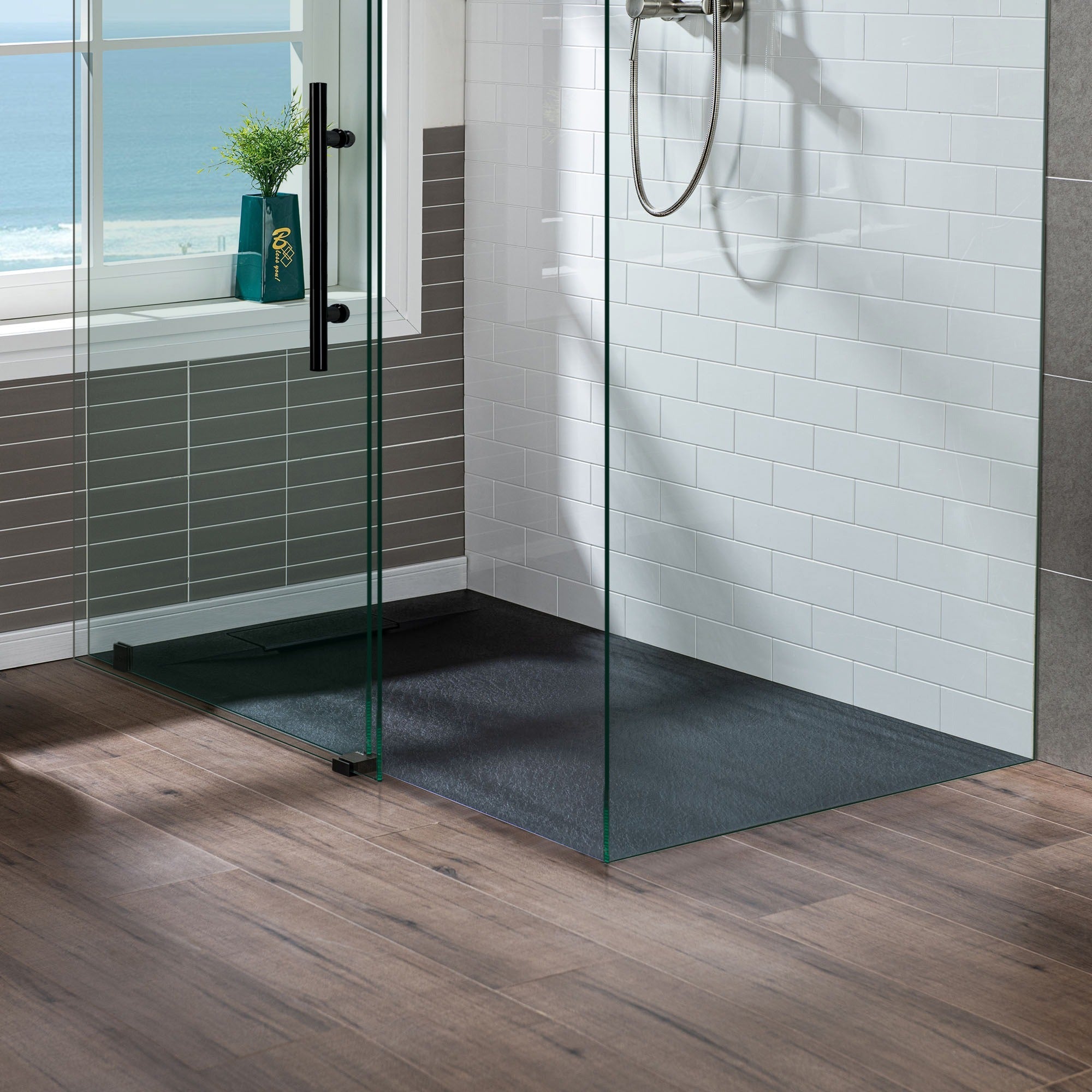 WOODBRIDGE 47.5 in L x 31.5 in W Zero Threshold End Drain Shower Base with Reversible Drain Placement, Matching Decorative Drain Plate and Tile Flange
