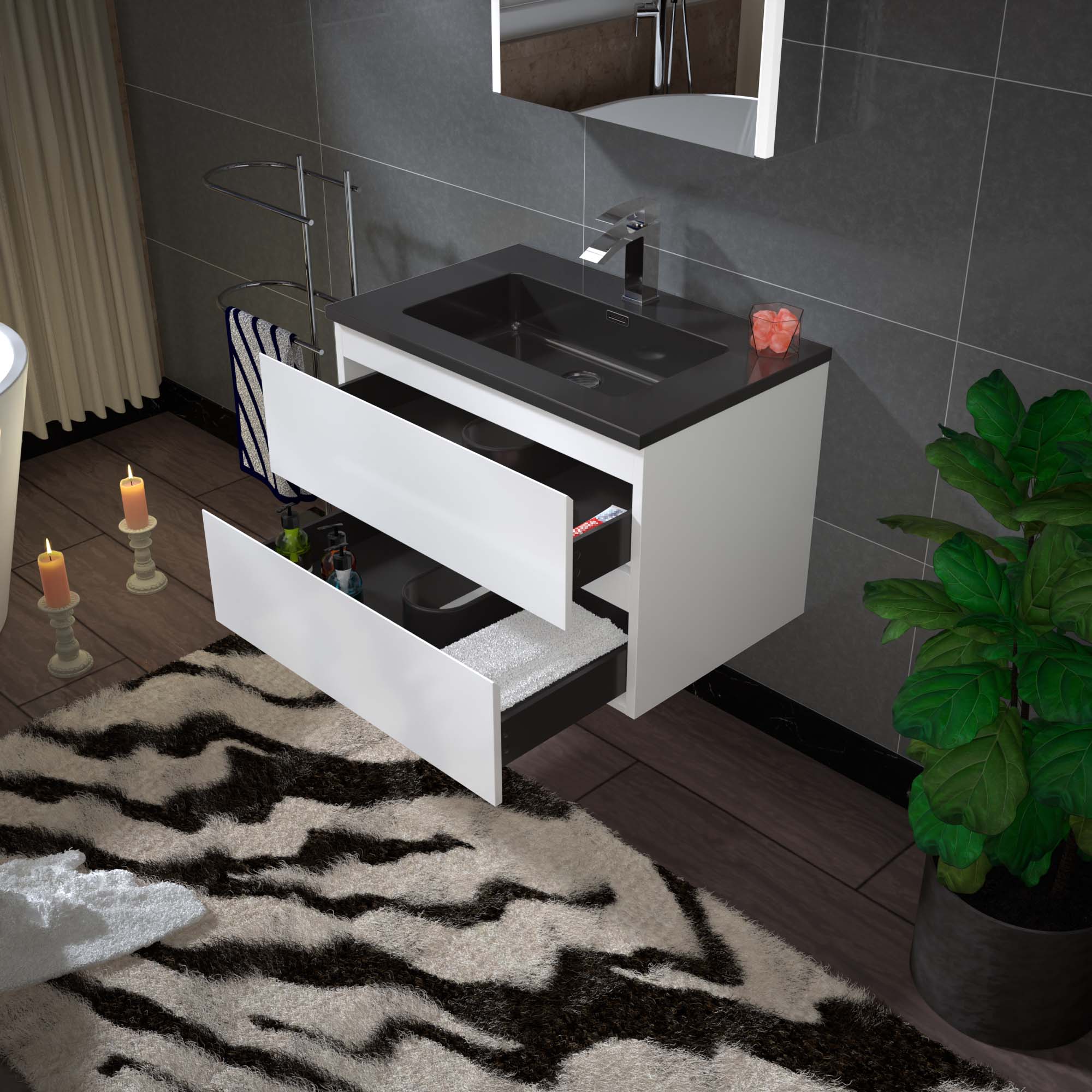 WOODBRIDGE 29-1/2 in. W x 19 in. D Wall Mounted Floating Vanity in Glossy White with Quartz Sand Composite Vanity Top in Matte Black