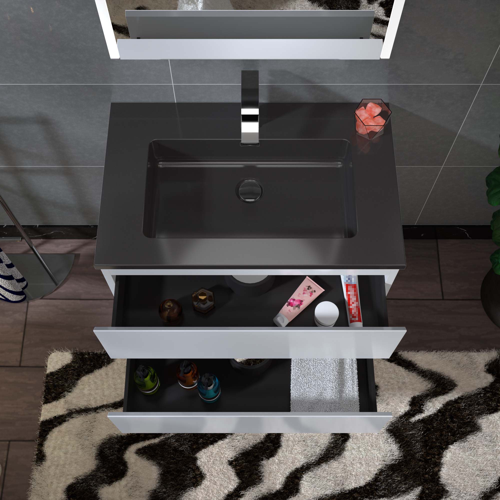 WOODBRIDGE 29-1/2 in. W x 19 in. D Wall Mounted Floating Vanity in Glossy White with Quartz Sand Composite Vanity Top in Matte Black