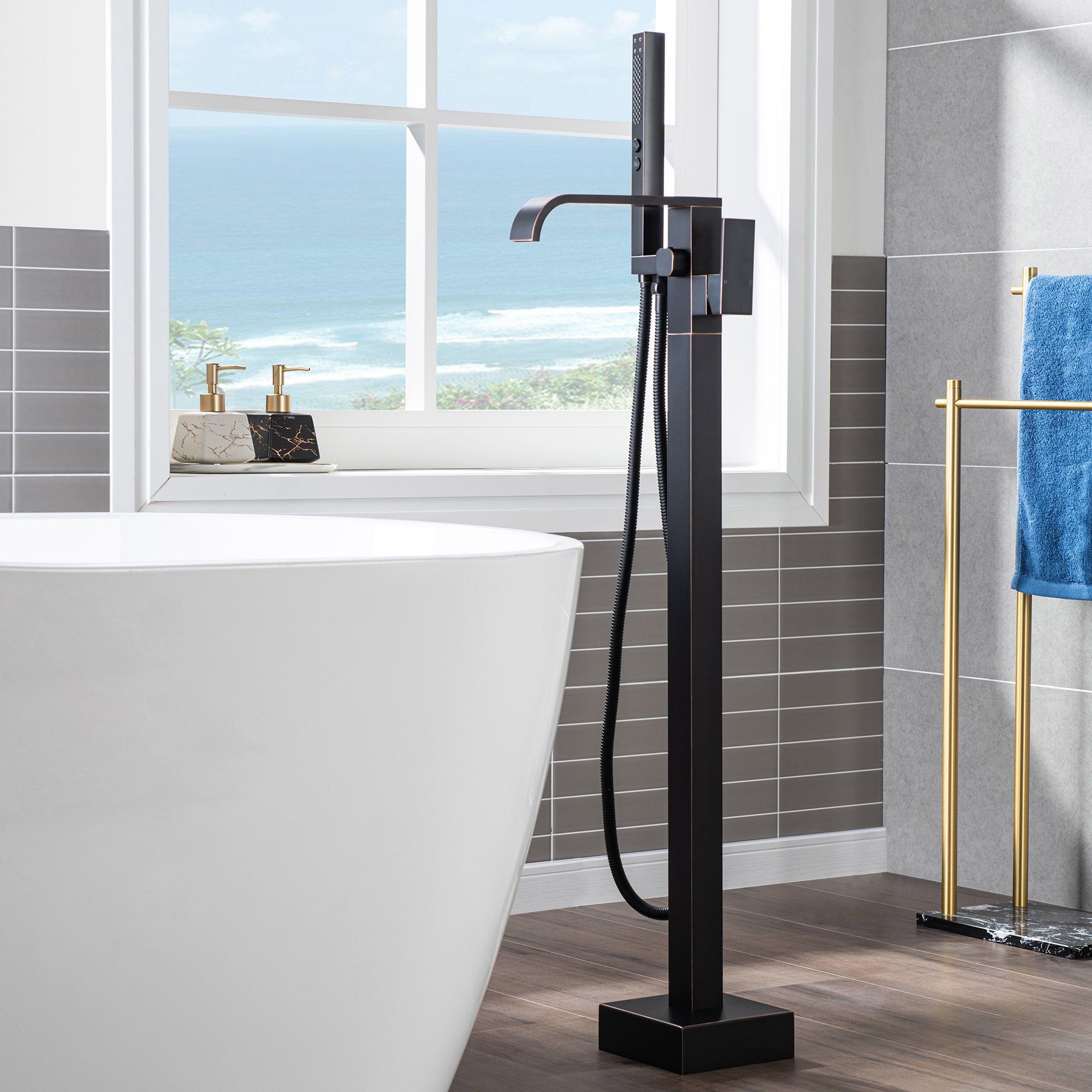 WOODBRIDGE F0040BN Contemporary Single Handle Floor Mount Freestanding Tub Filler Faucet with Hand shower