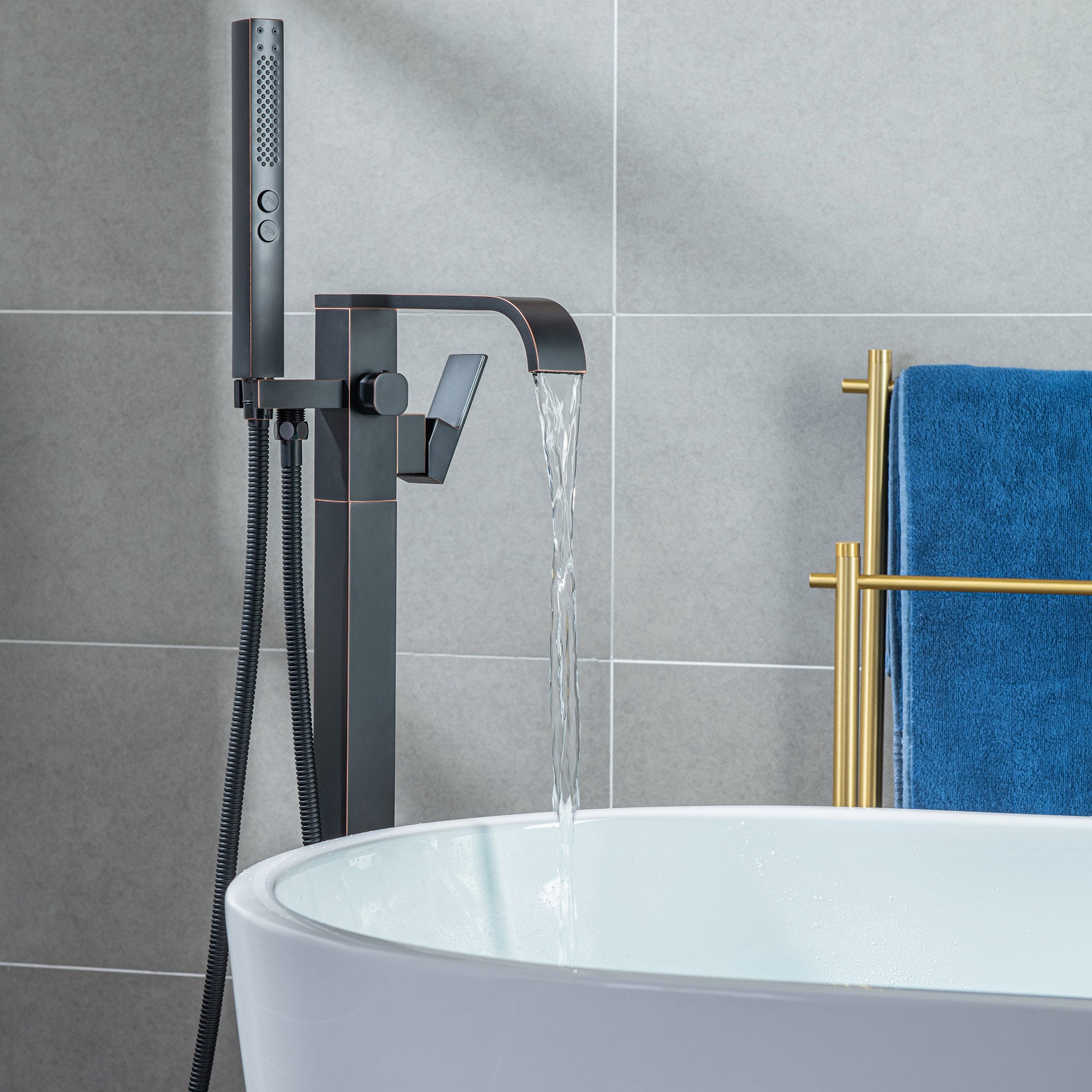 WOODBRIDGE F0040BN Contemporary Single Handle Floor Mount Freestanding Tub Filler Faucet with Hand shower