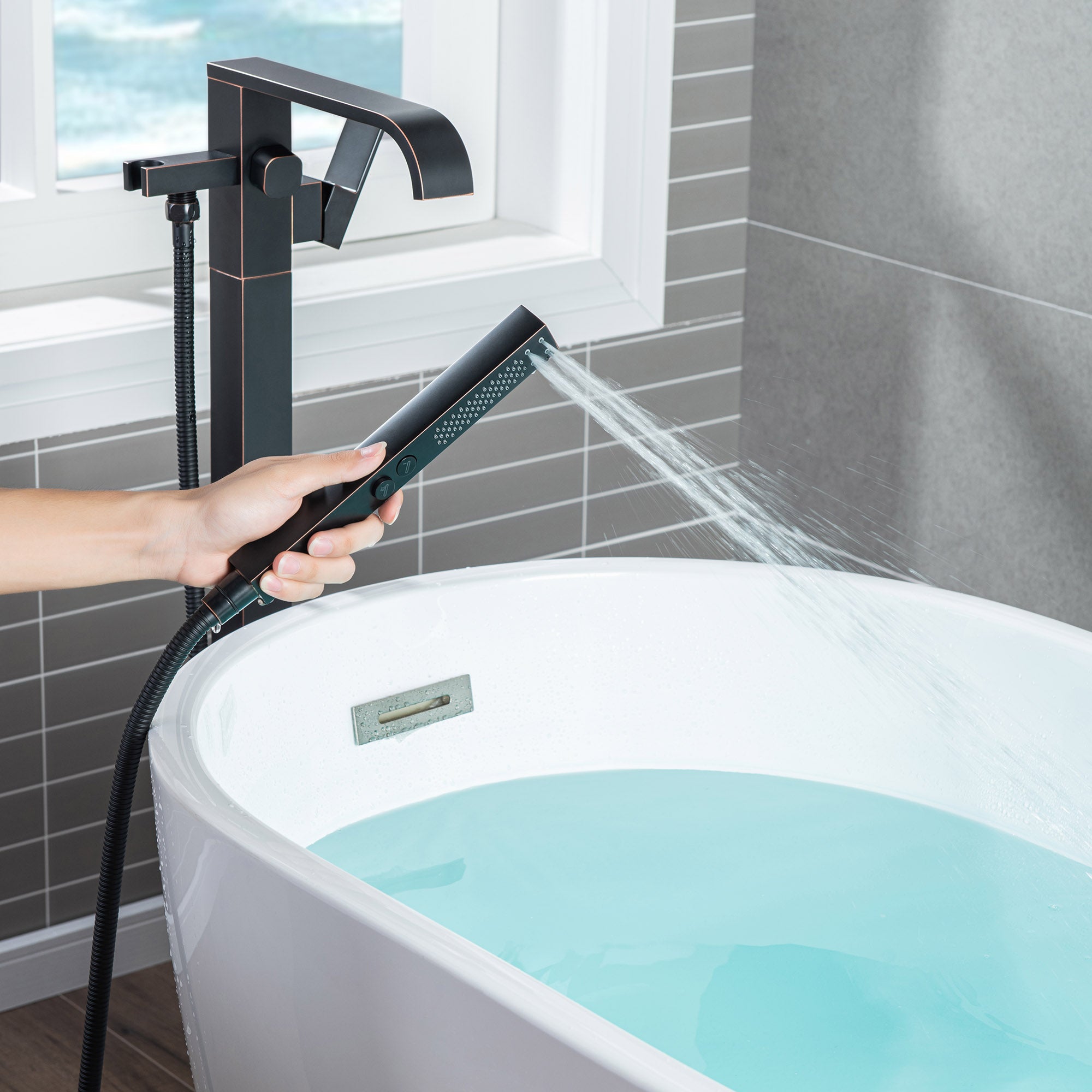 WOODBRIDGE F0040BN Contemporary Single Handle Floor Mount Freestanding Tub Filler Faucet with Hand shower