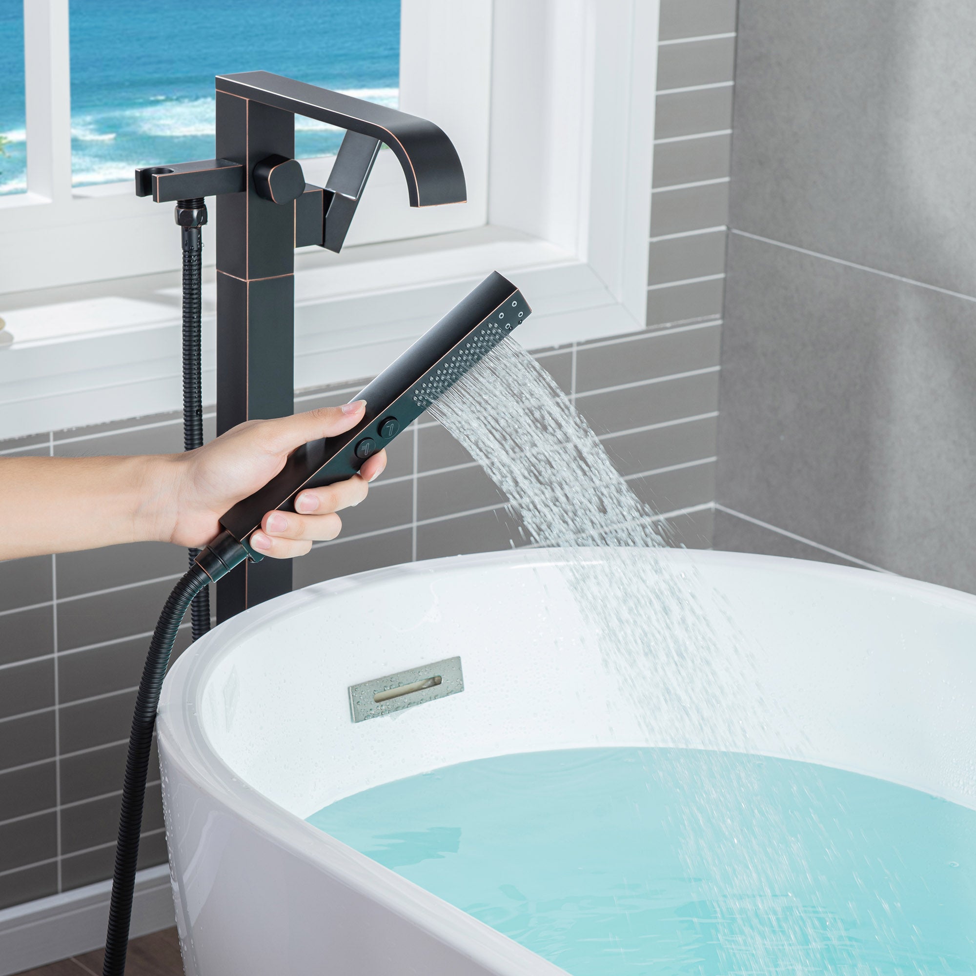 WOODBRIDGE F0040BN Contemporary Single Handle Floor Mount Freestanding Tub Filler Faucet with Hand shower