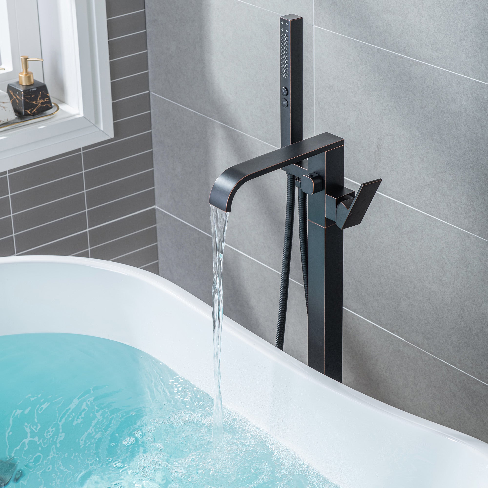 WOODBRIDGE F0040BN Contemporary Single Handle Floor Mount Freestanding Tub Filler Faucet with Hand shower