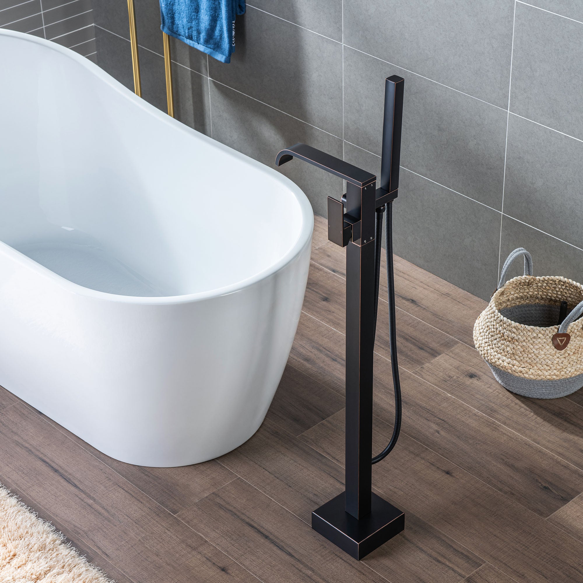 WOODBRIDGE F0040BN Contemporary Single Handle Floor Mount Freestanding Tub Filler Faucet with Hand shower
