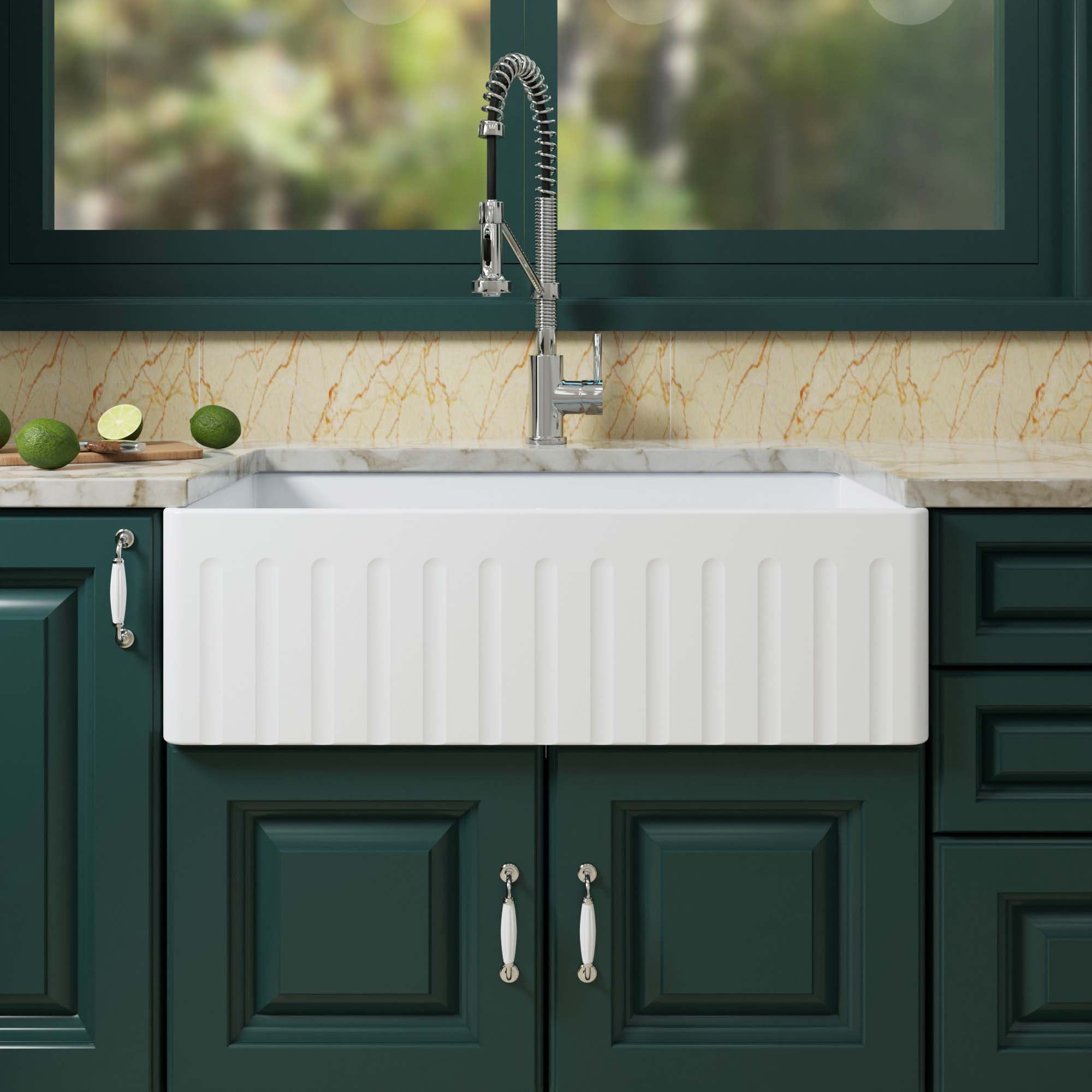 WOODBRIDGE 33" X 18" White Fireclay Single Bowl Farmhouse Apron Front Kitchen Sink with Strainers and Sink Protector Grid