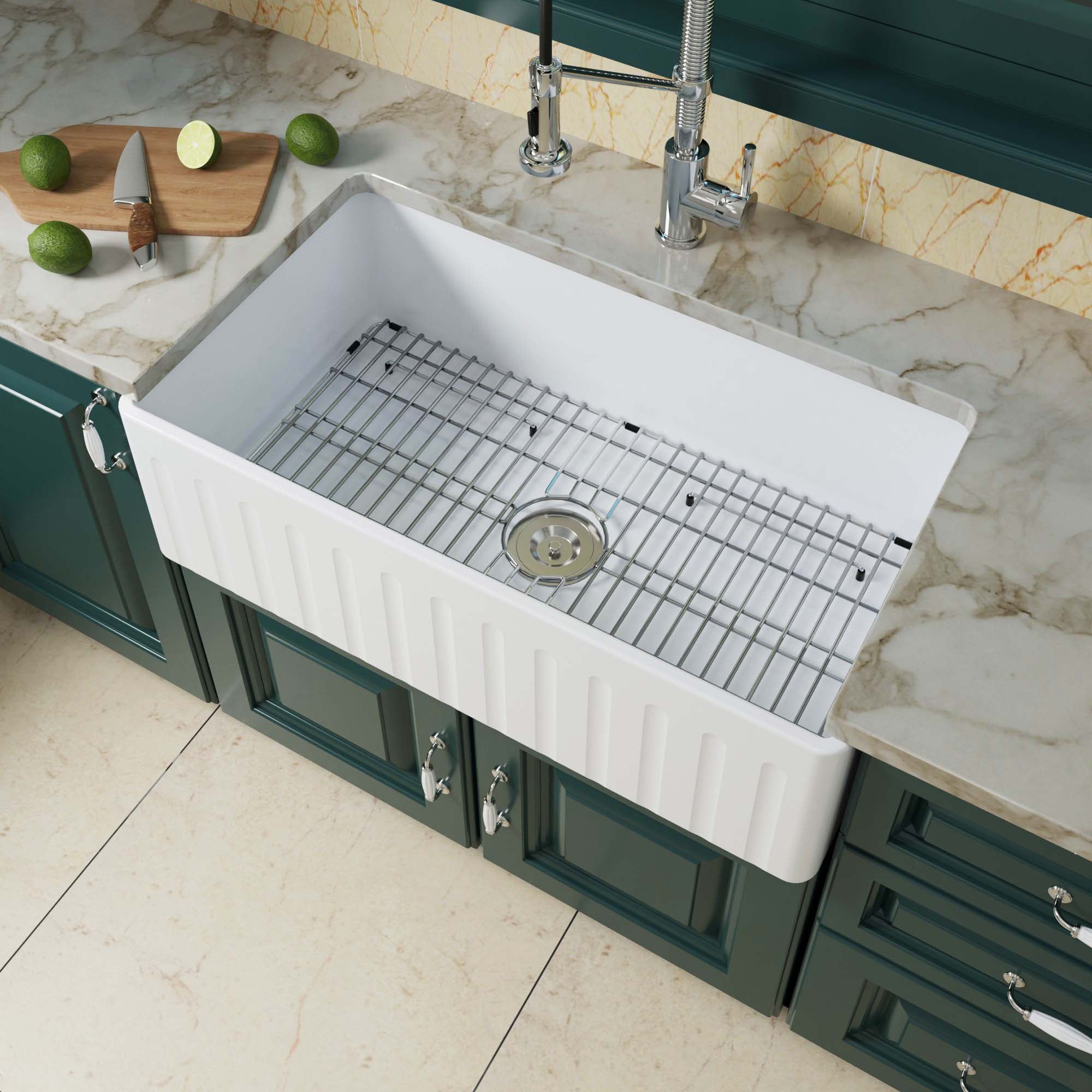 WOODBRIDGE 33" X 18" White Fireclay Single Bowl Farmhouse Apron Front Kitchen Sink with Strainers and Sink Protector Grid