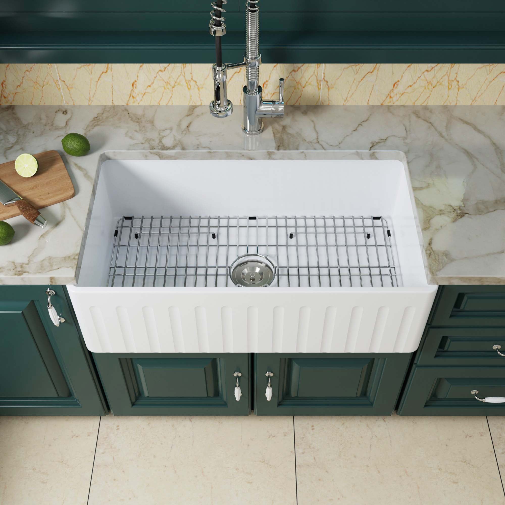 WOODBRIDGE 33" X 18" White Fireclay Single Bowl Farmhouse Apron Front Kitchen Sink with Strainers and Sink Protector Grid