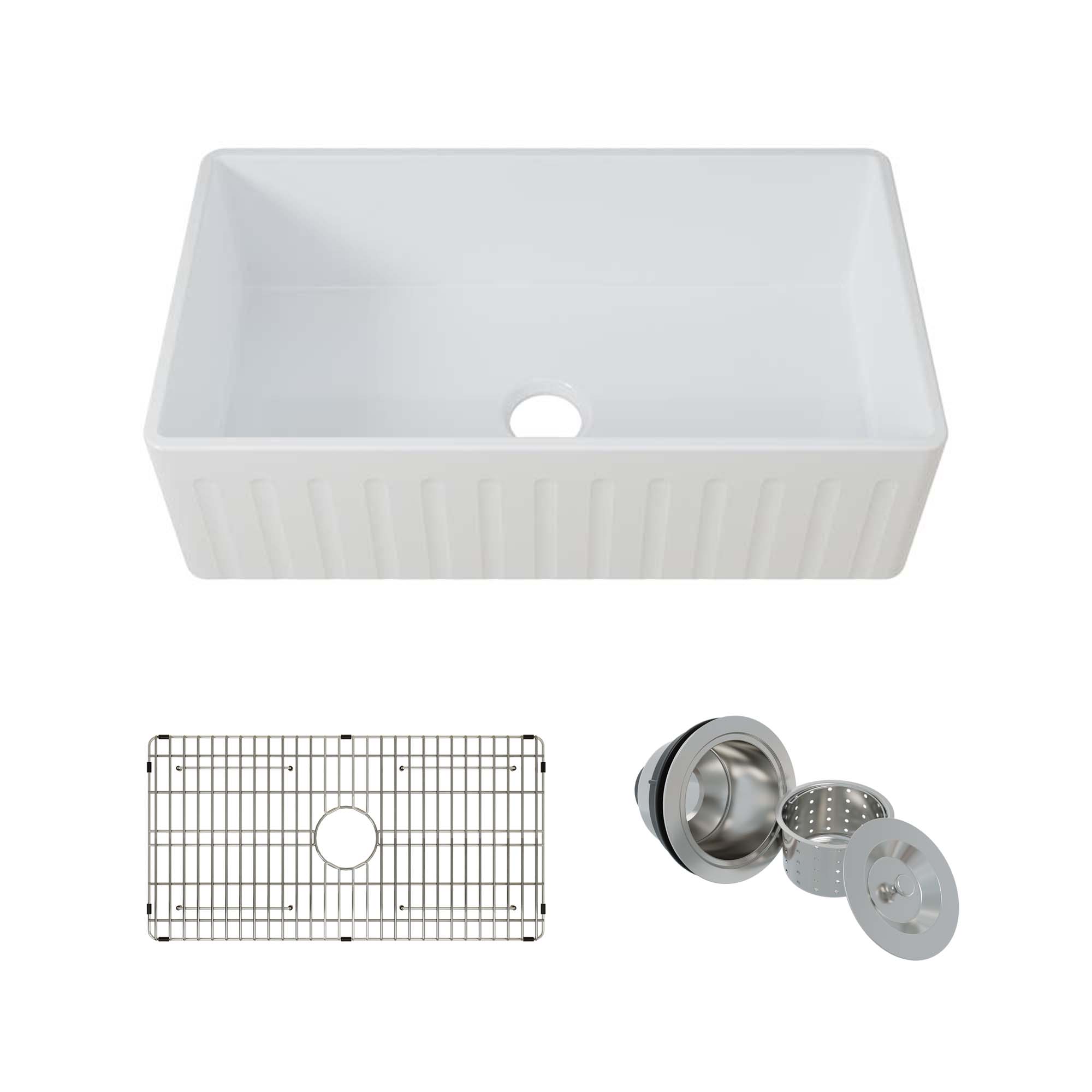WOODBRIDGE 33" X 18" White Fireclay Single Bowl Farmhouse Apron Front Kitchen Sink with Strainers and Sink Protector Grid