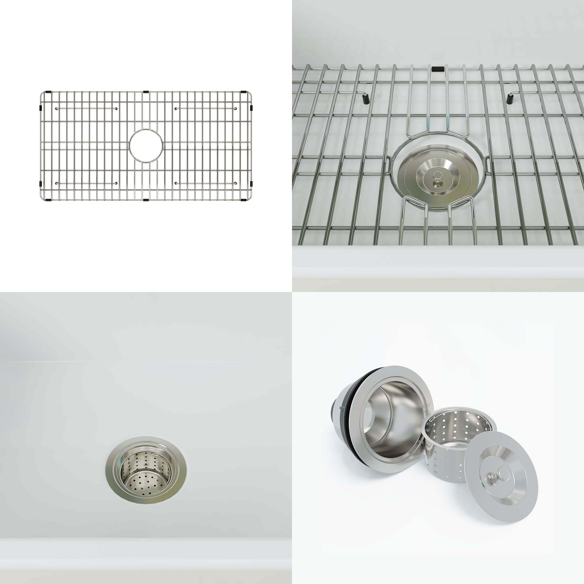 WOODBRIDGE 33" X 18" White Fireclay Single Bowl Farmhouse Apron Front Kitchen Sink with Strainers and Sink Protector Grid