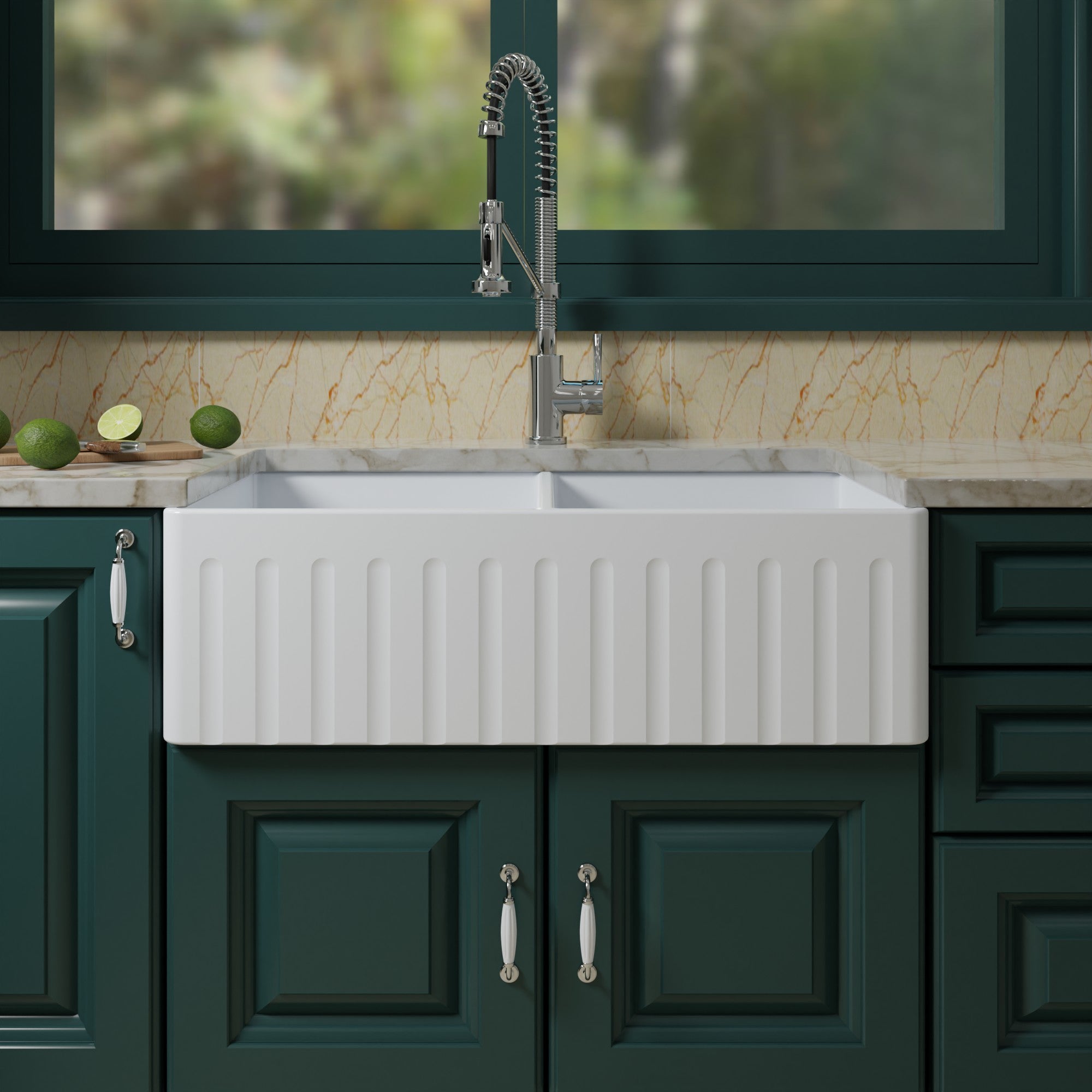 WOODBRIDGE 33" X 18" White Fireclay Double Bowl Farmhouse Apron Front Kitchen Sink with Strainers and Sink Protector Grid