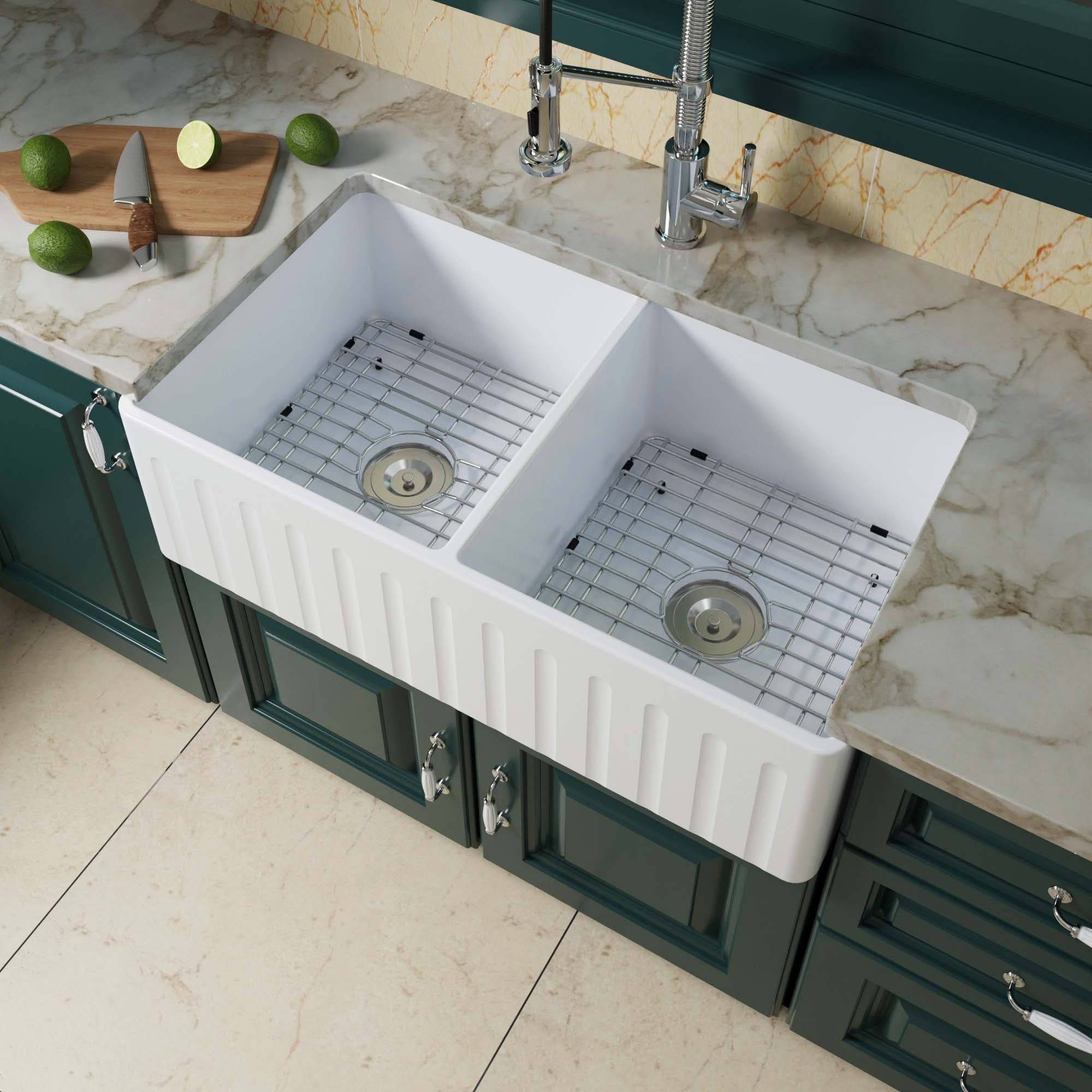 WOODBRIDGE 33" X 18" White Fireclay Double Bowl Farmhouse Apron Front Kitchen Sink with Strainers and Sink Protector Grid