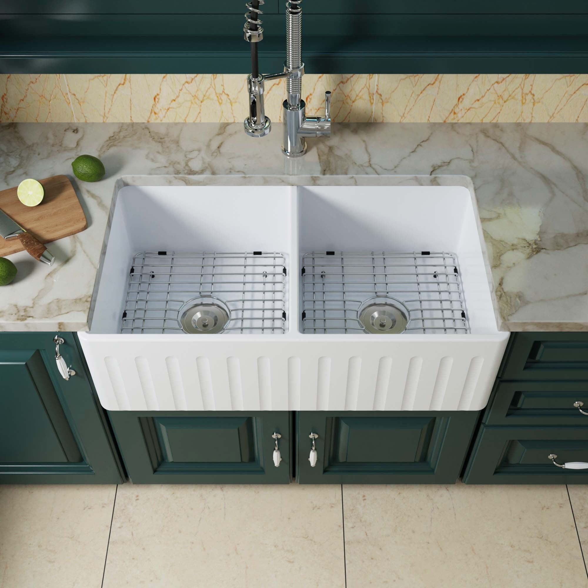 WOODBRIDGE 33" X 18" White Fireclay Double Bowl Farmhouse Apron Front Kitchen Sink, WFKS3318D