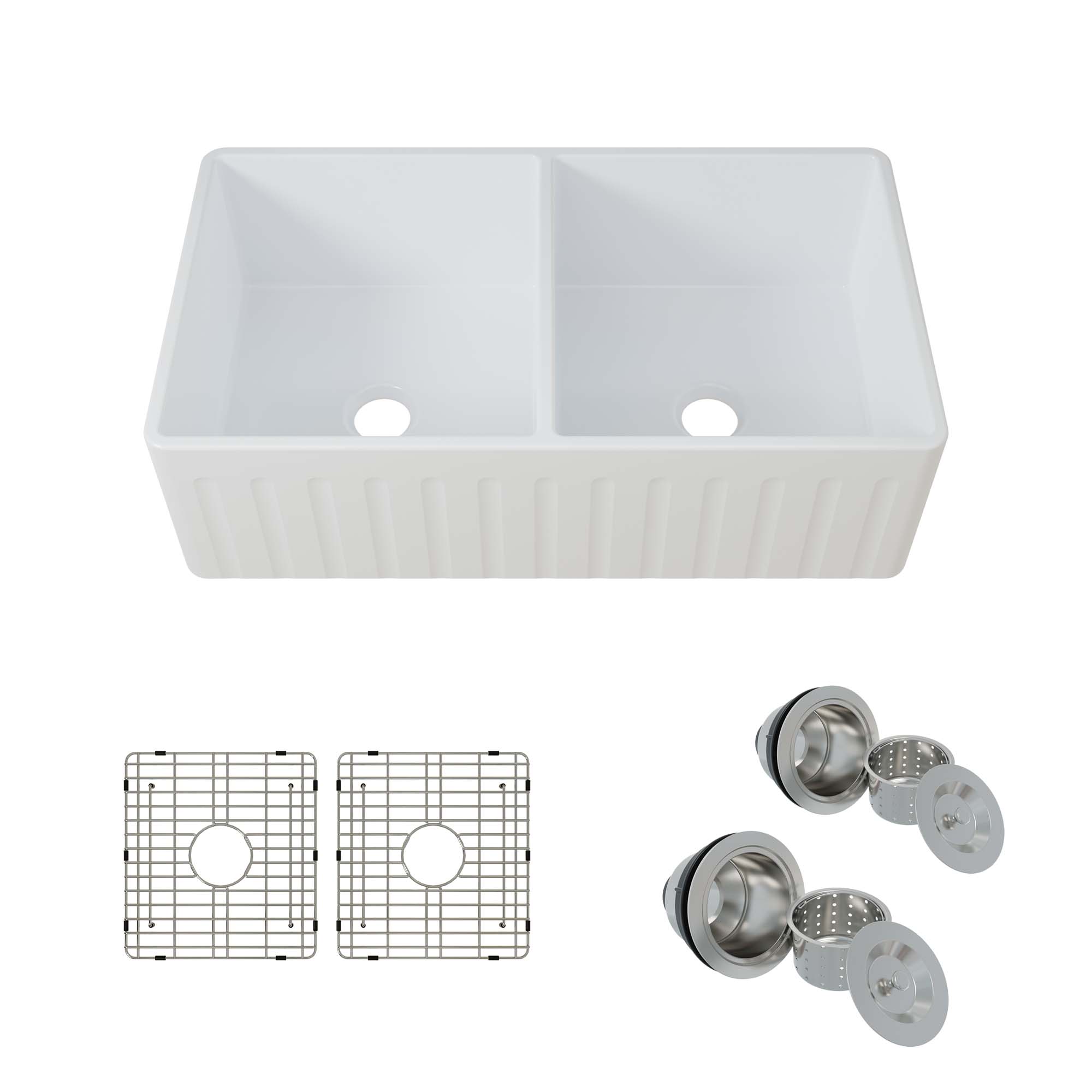 WOODBRIDGE 33" X 18" White Fireclay Double Bowl Farmhouse Apron Front Kitchen Sink with Strainers and Sink Protector Grid