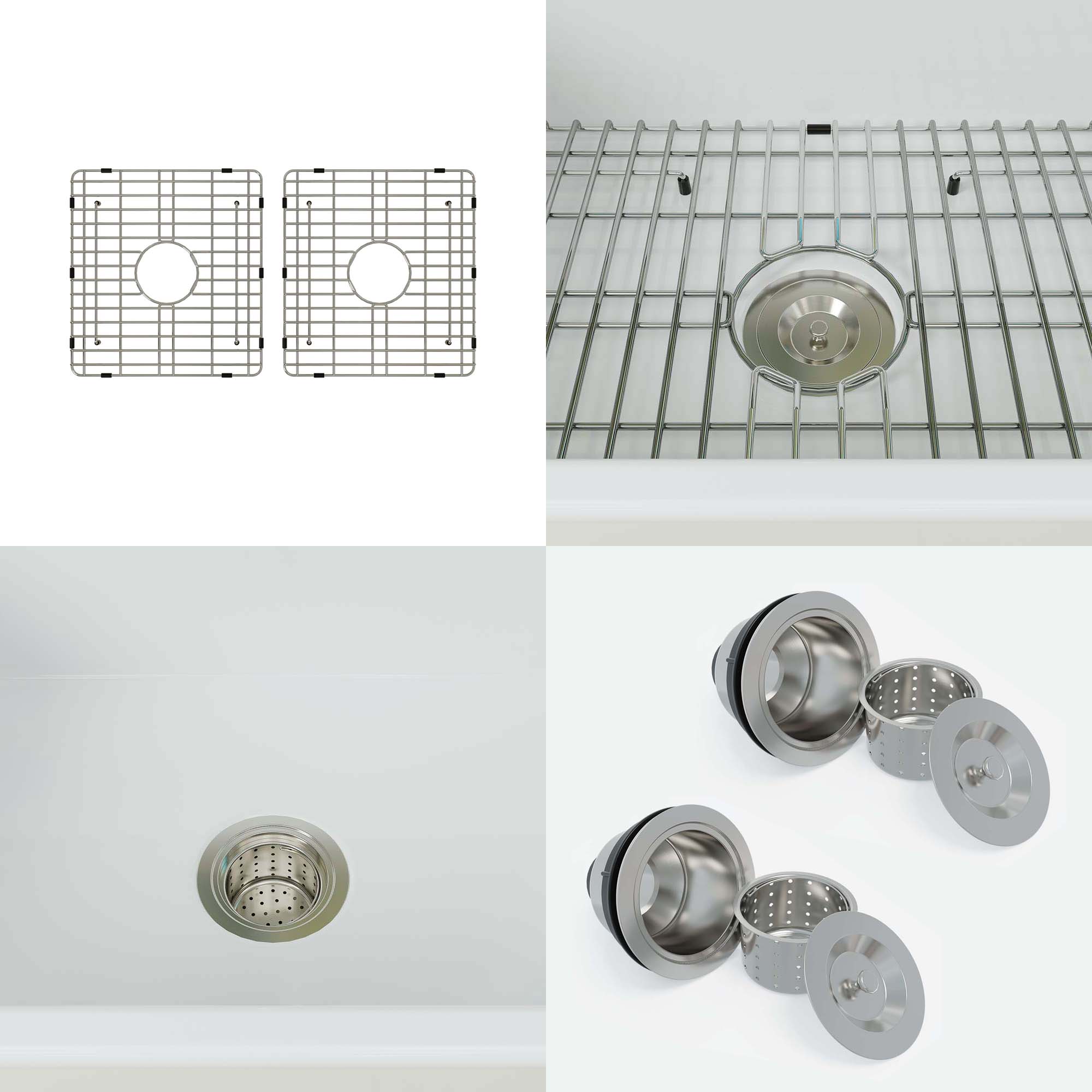 WOODBRIDGE 33" X 18" White Fireclay Double Bowl Farmhouse Apron Front Kitchen Sink with Strainers and Sink Protector Grid