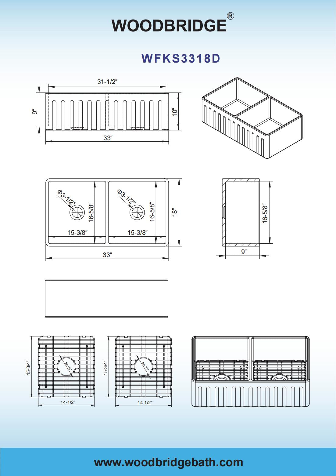 WOODBRIDGE 33" X 18" White Fireclay Double Bowl Farmhouse Apron Front Kitchen Sink with Strainers and Sink Protector Grid