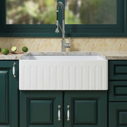 WOODBRIDGE 33" X 20" White Fireclay Single Bowl Farmhouse Apron Front Kitchen Sink with Strainer and Sink Protector Grid