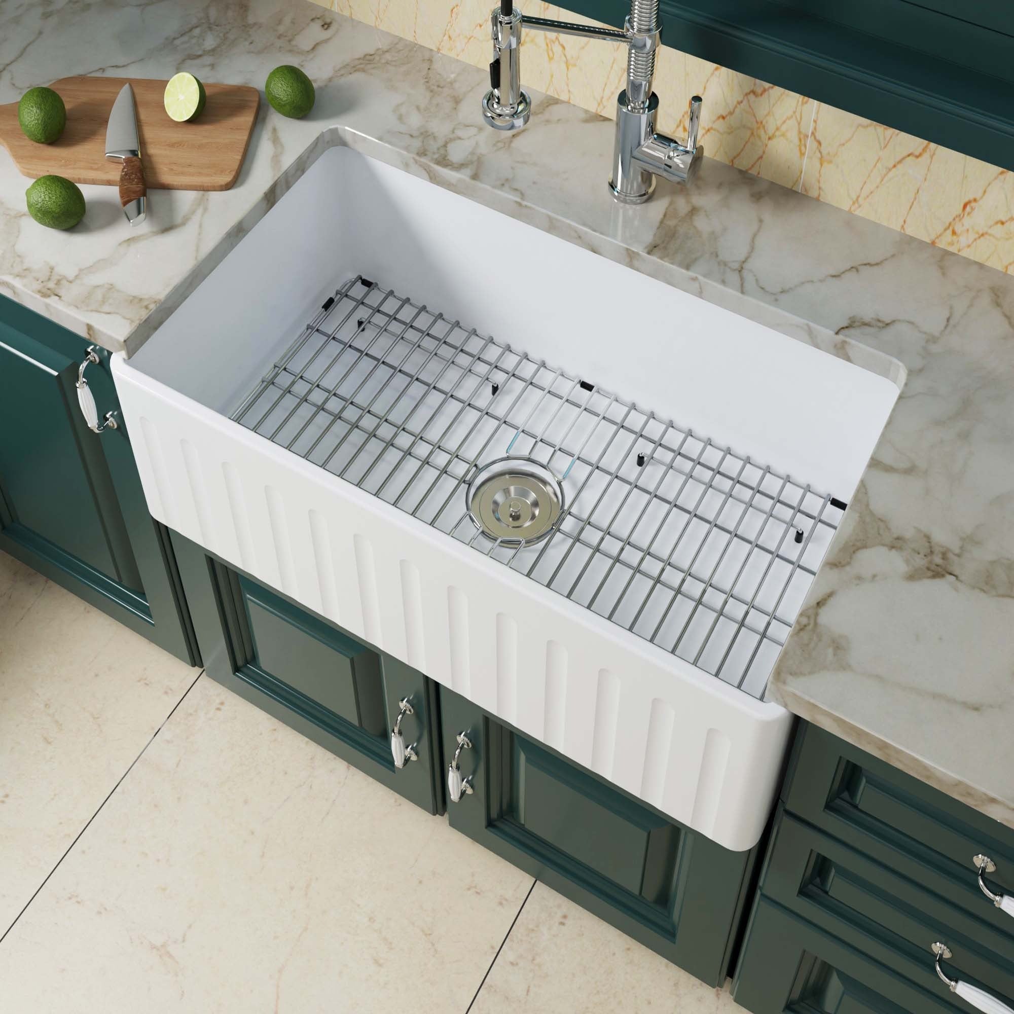 WOODBRIDGE 33" X 20" White Fireclay Single Bowl Farmhouse Apron Front Kitchen Sink, WFKS3320