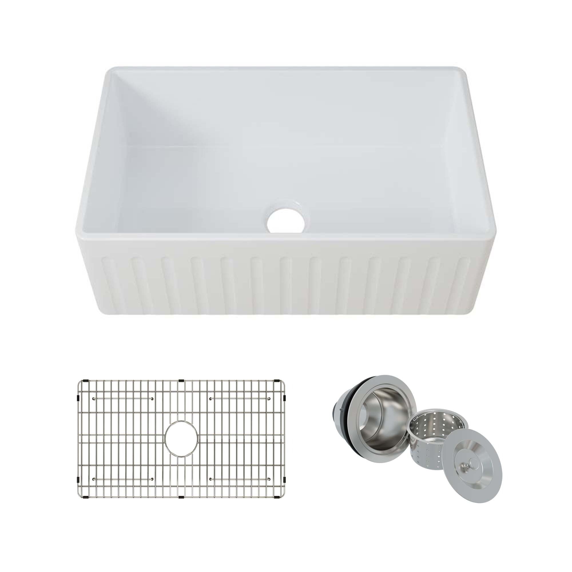 WOODBRIDGE 33" X 20" White Fireclay Single Bowl Farmhouse Apron Front Kitchen Sink, WFKS3320