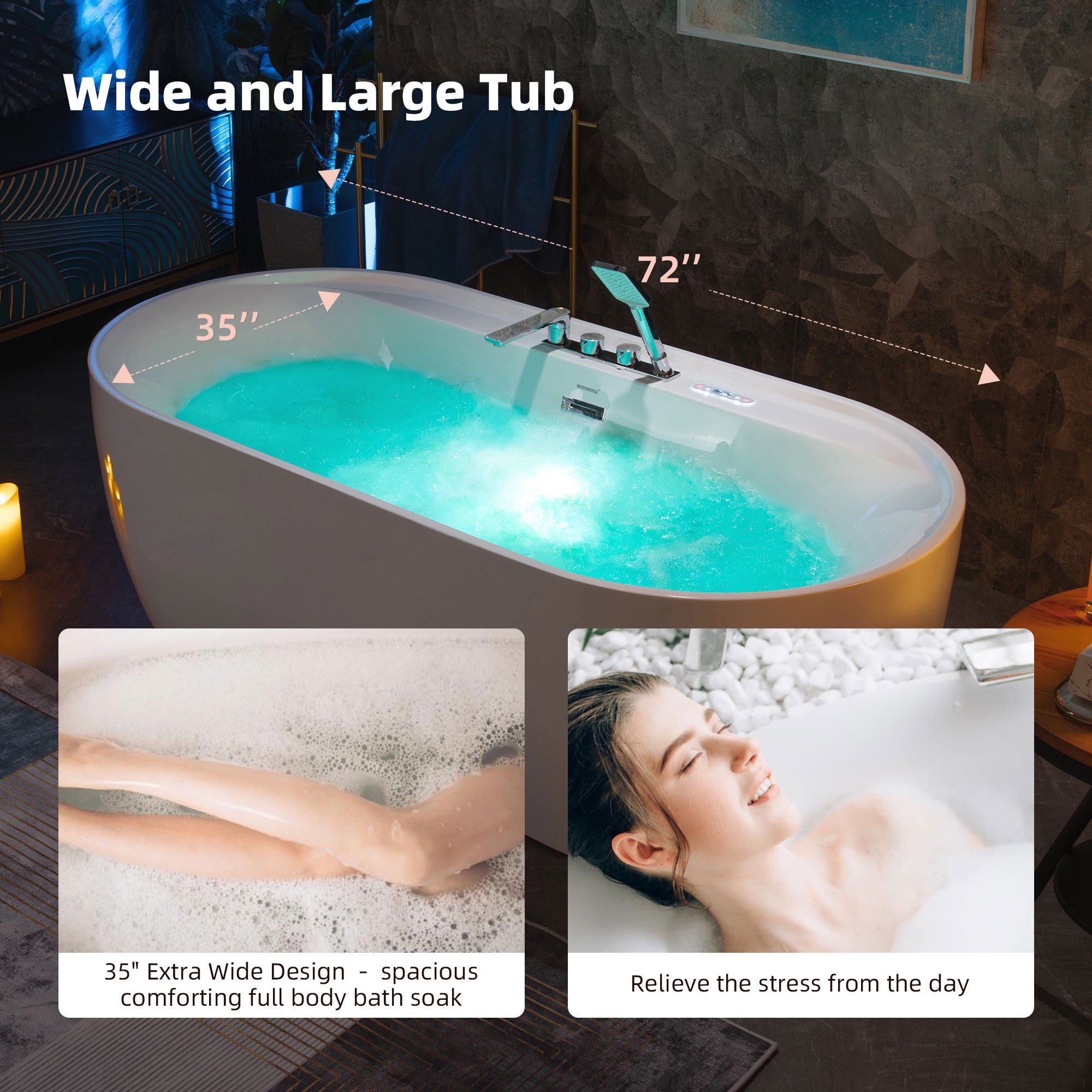 WOODBRIDGE 72" x 35-3/8" Whirlpool and Air Bath Heated Soaking Combination Tub