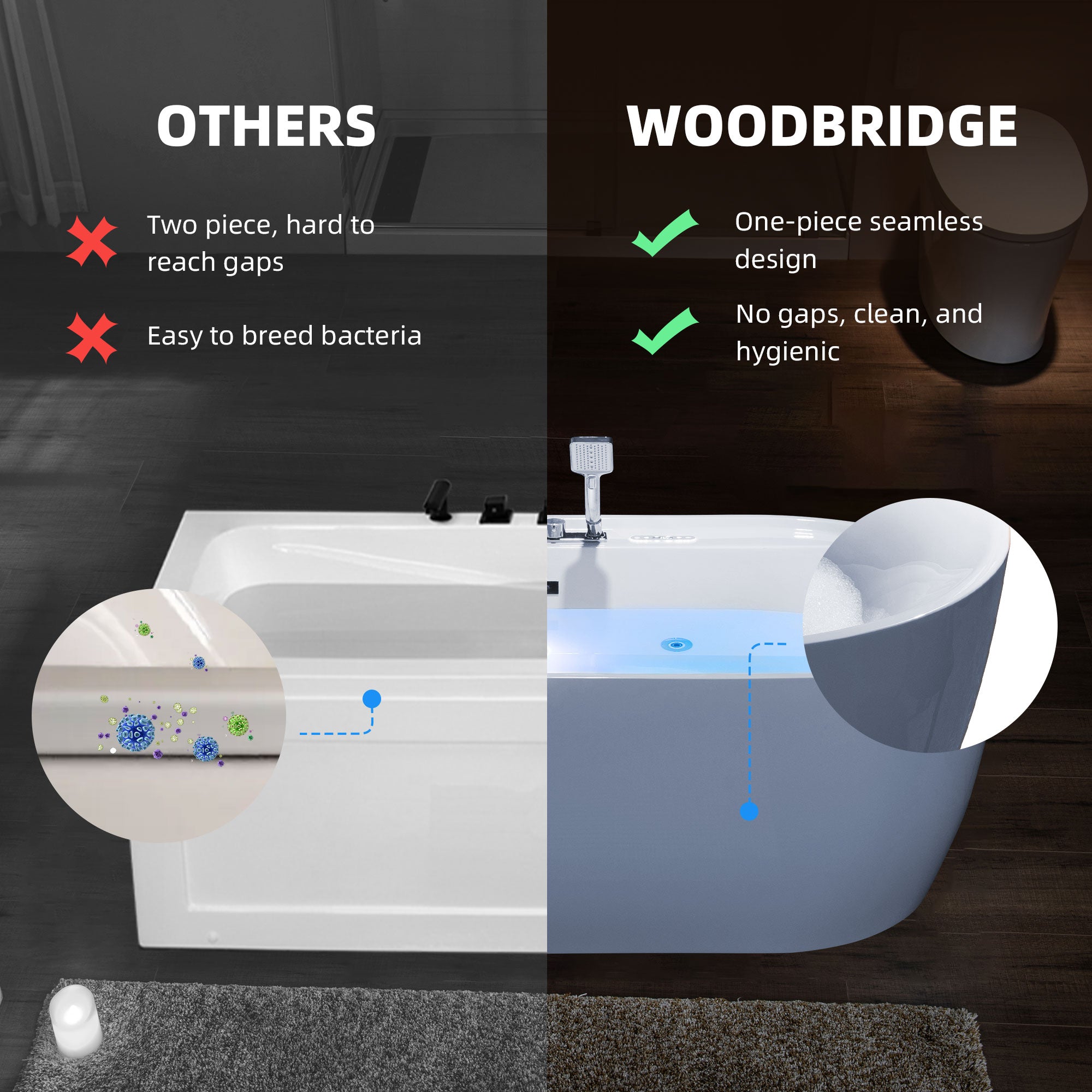 WOODBRIDGE 72" x 35-3/8" Whirlpool and Air Bath Heated Soaking Combination Tub