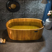 WOODBRIDGE 59" Freestanding Handcrafted Natural Wood Soaking Bathtub with Wood seat, Pillow, and Chrome Pop Up Drain, WB1014