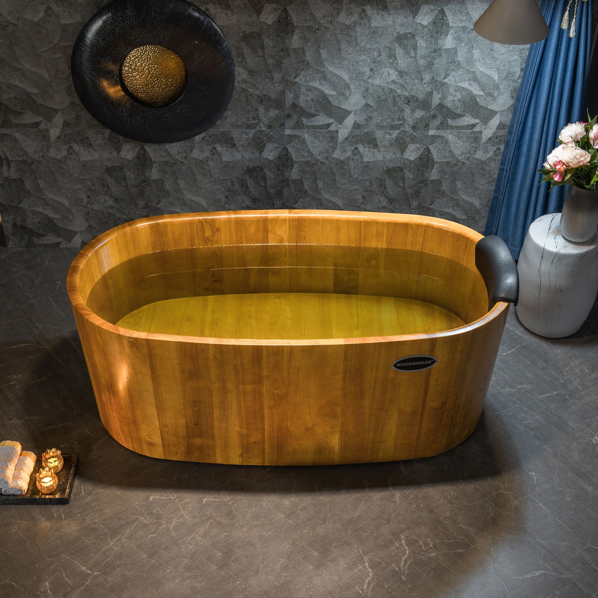 WOODBRIDGE 59" Freestanding Handcrafted Natural Wood Soaking Bathtub with Wood seat, Pillow, and Chrome Pop Up Drain, WB1014