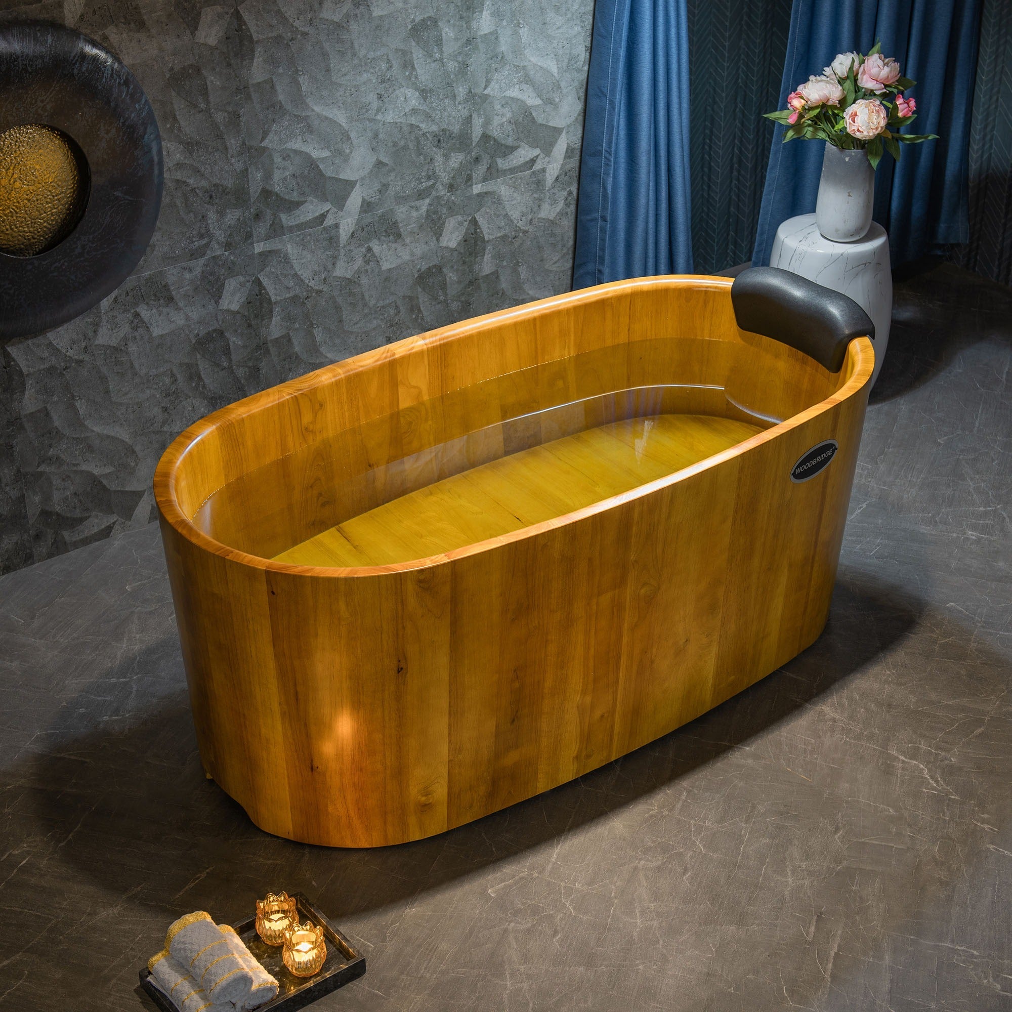 WOODBRIDGE 59" Freestanding Handcrafted Natural Wood Soaking Bathtub with Wood seat, Pillow, and Chrome Pop Up Drain, WB1014