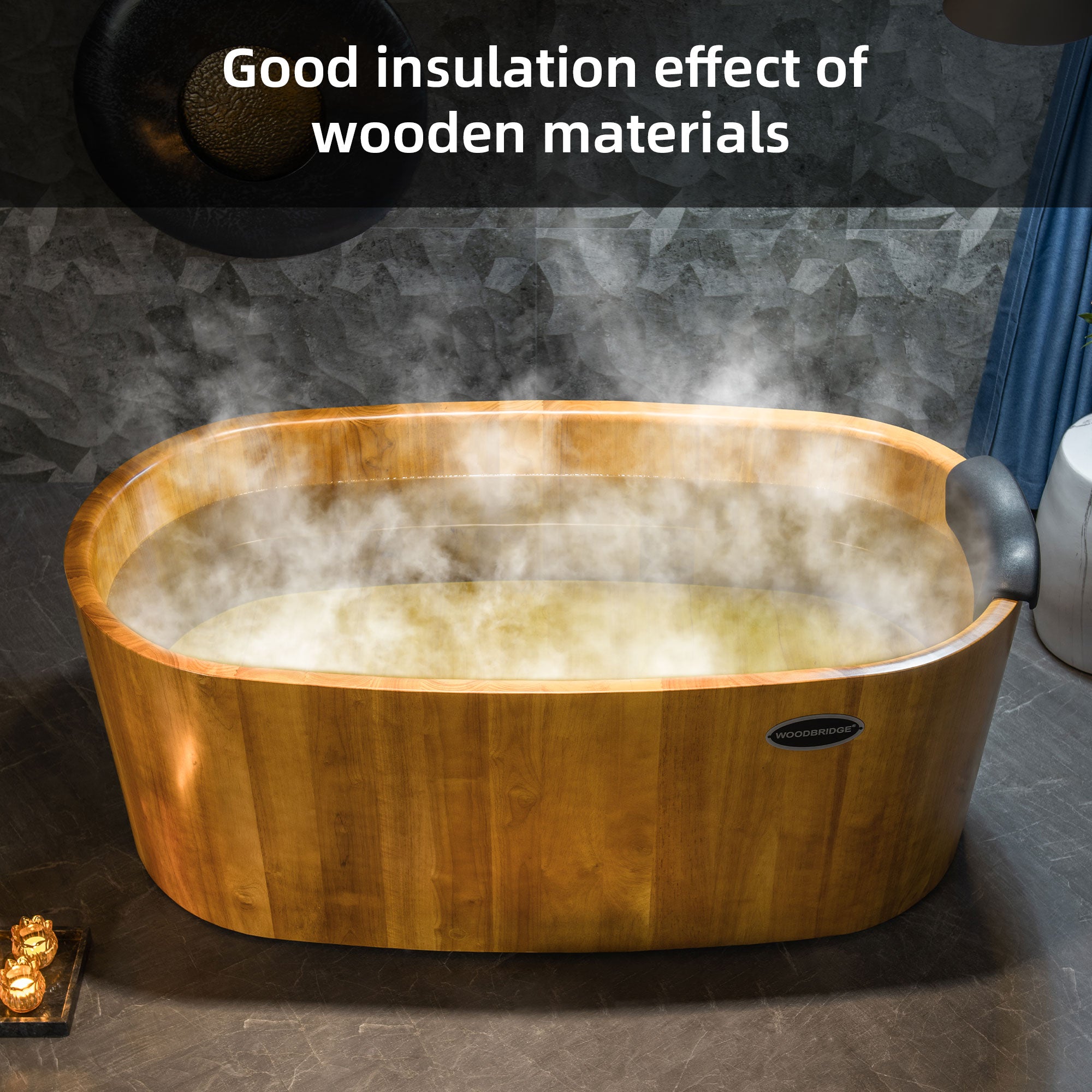 WOODBRIDGE 59" Freestanding Handcrafted Natural Wood Soaking Bathtub with Wood seat, Pillow, and Chrome Pop Up Drain, WB1014