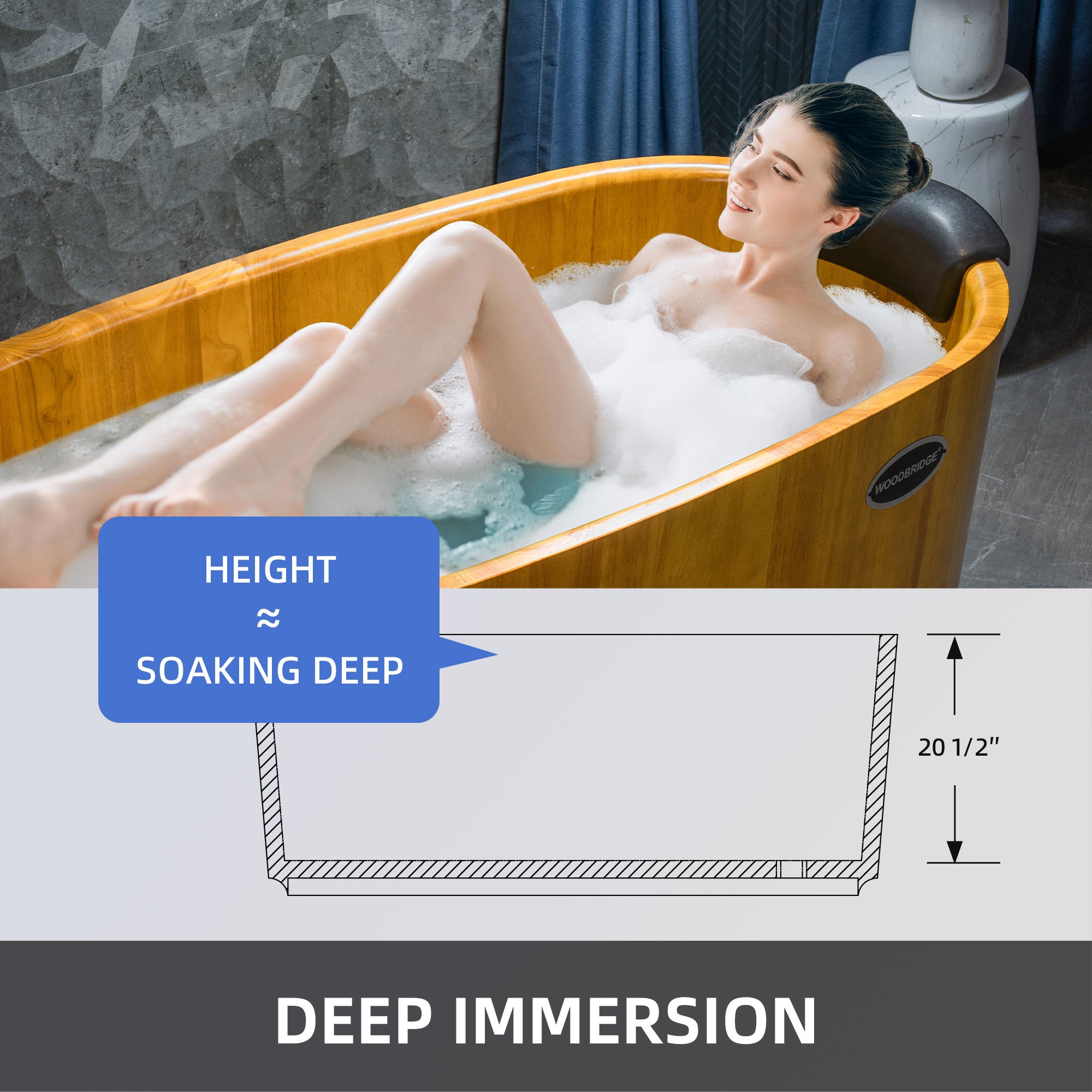 WOODBRIDGE 59" Freestanding Handcrafted Natural Wood Soaking Bathtub with Wood seat, Pillow, and Chrome Pop Up Drain, WB1014