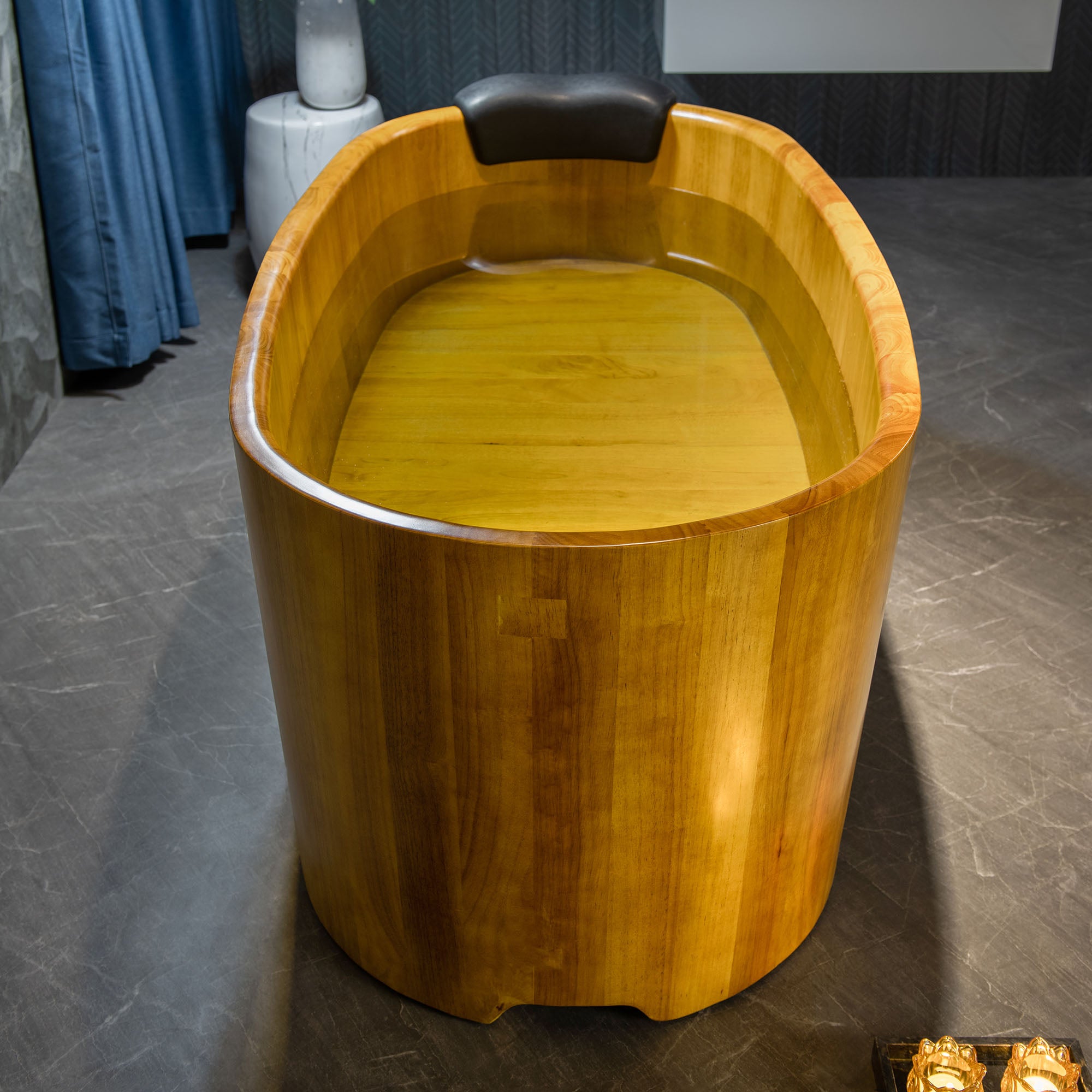 WOODBRIDGE 59" Freestanding Handcrafted Natural Wood Soaking Bathtub with Wood seat, Pillow, and Chrome Pop Up Drain, WB1014