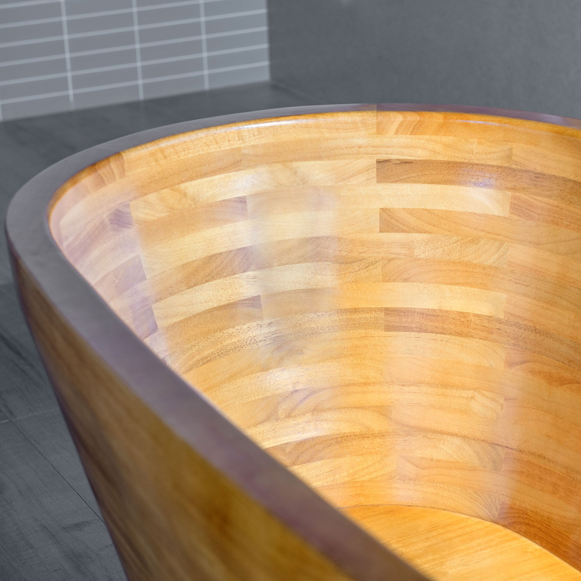 WOODBRIDGE 59" Freestanding Handcrafted Natural Wood Soaking Bathtub with Wood seat, Pillow, and Chrome Pop Up Drain, WB1014