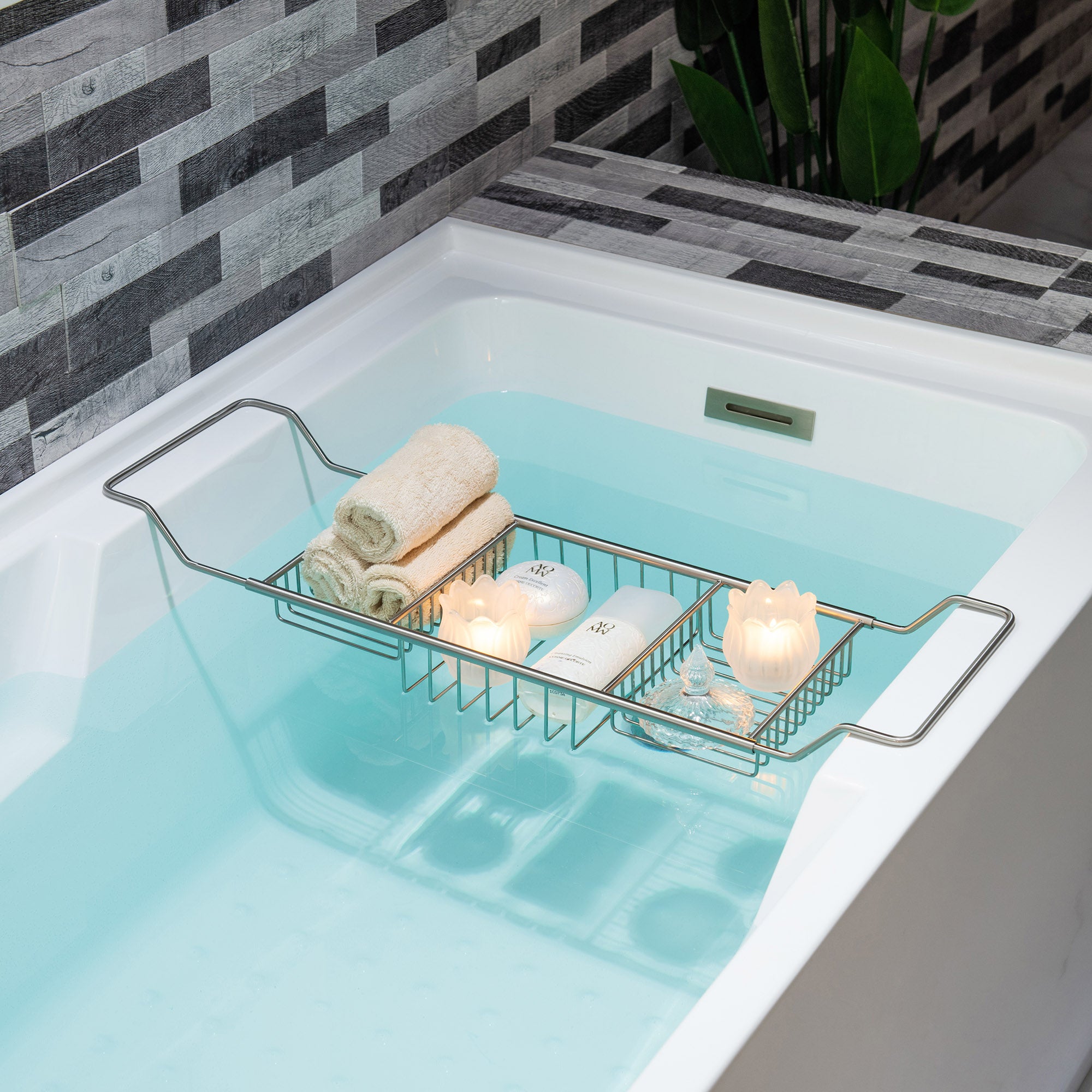 WOODBRIDGE Stainless Steel Extendable Bathtub Caddy Tray in Brushed Nickel Finish with Removable Wine Holder, Book and Phone Rack, Bathcad-BN